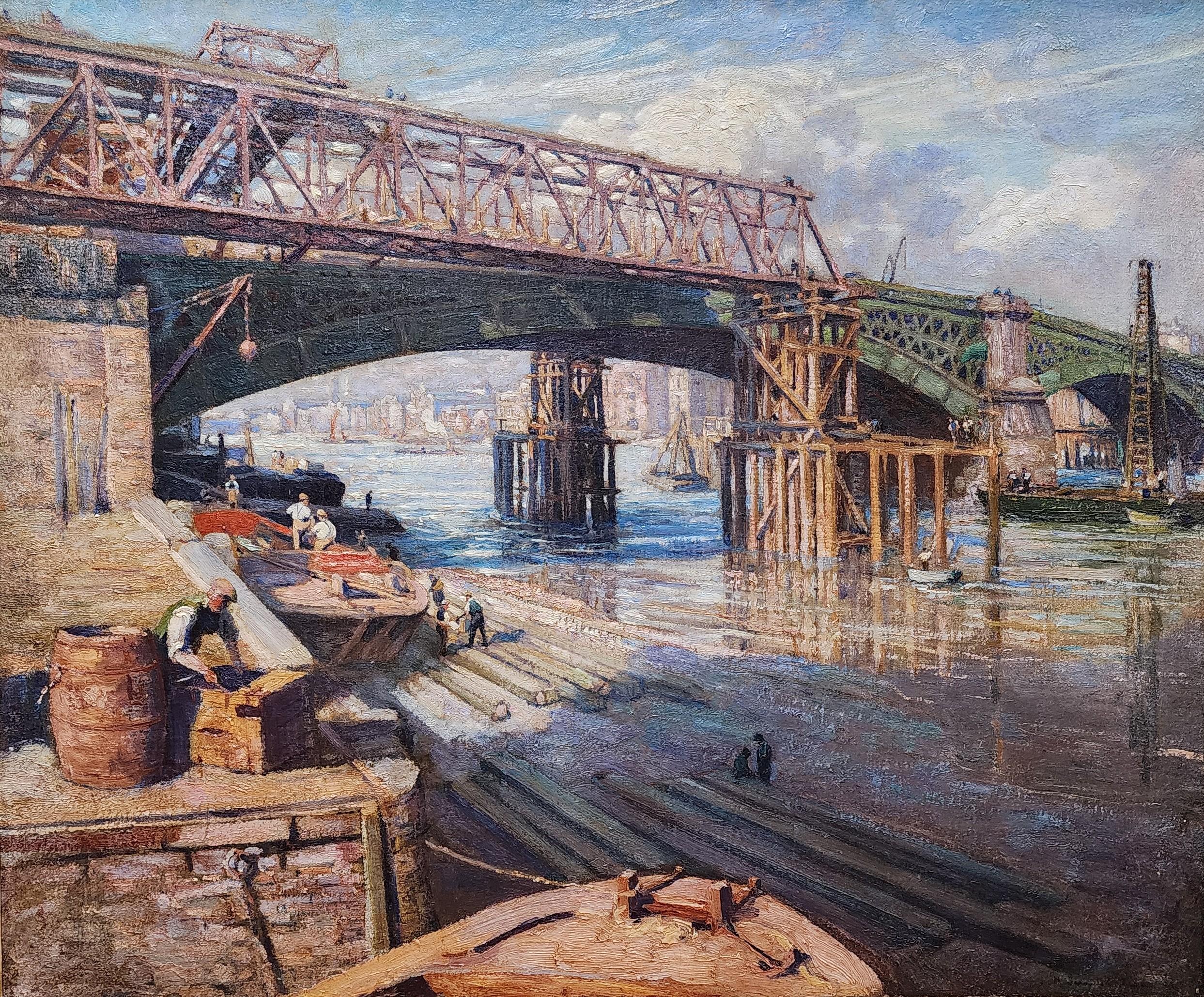 Bau der Southwark Bridge, London, England, Themse, Genre – Painting von Henry Samuel Teed