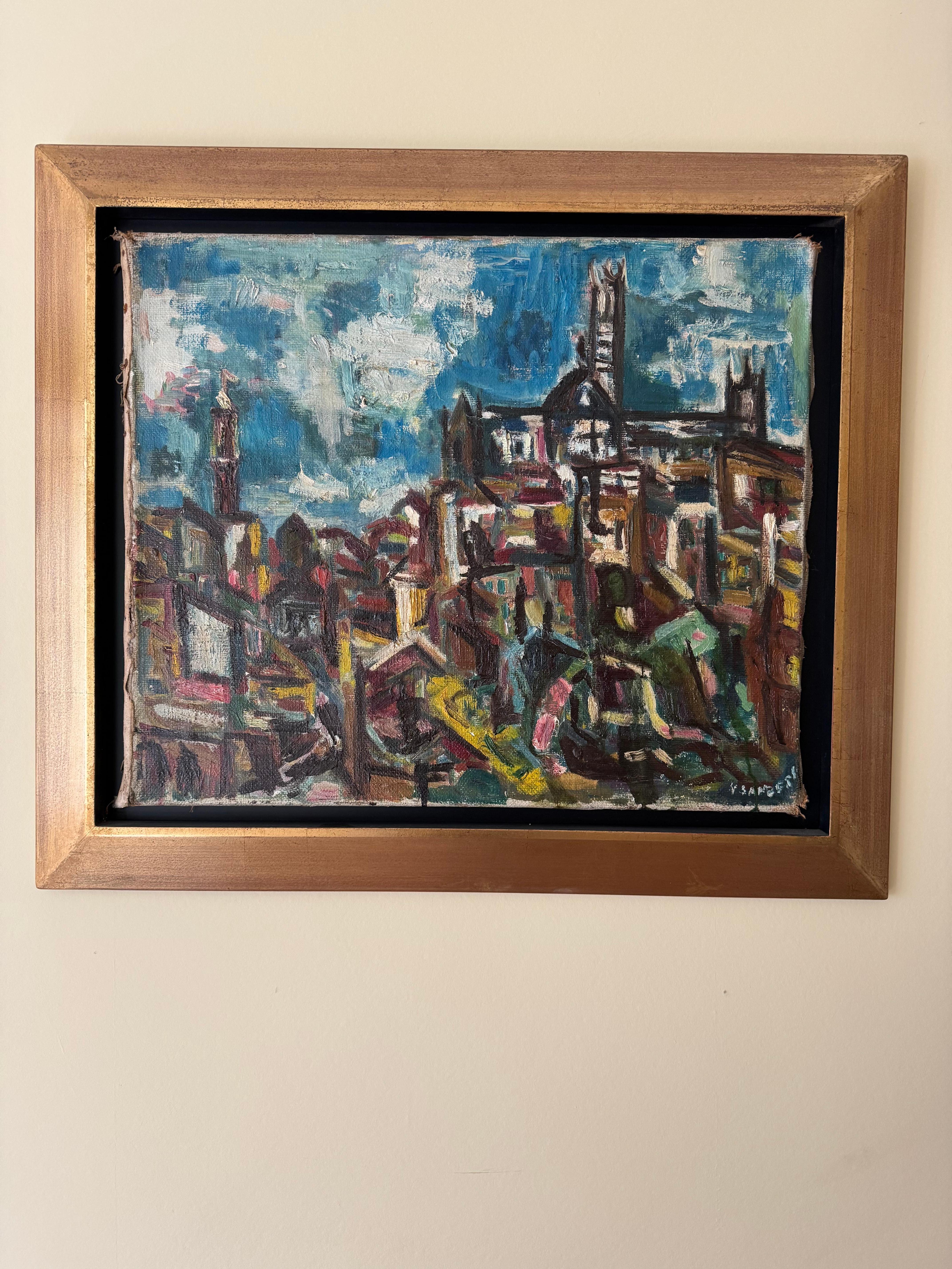 Un bellissimo dipinto di paesaggio espressionista di Siena di Henry Sanders. 1918-1982
Henry Sanders (Helmuth Salomon) è nato in una famiglia ebrea in Germania. Nel 1933 partì per l'Olanda e poi per l'Inghilterra dove studiò all'Hornsey College of