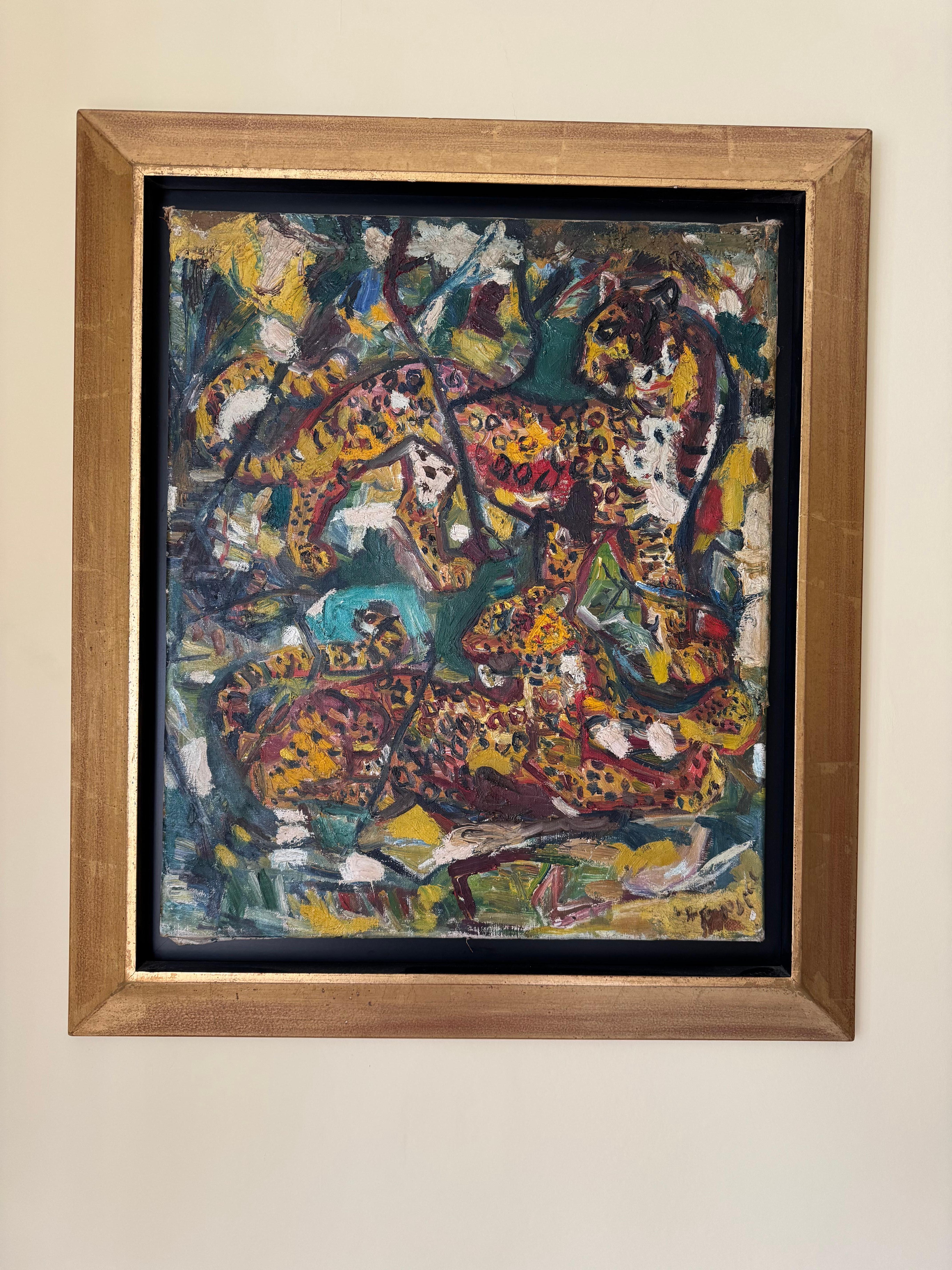 Fabulous 1960’s oil on canvas painting of leopards by Henry Sanders 1918-1982. Henry Sanders (Helmuth Salomon) was born into a Jewish family in Germany. In 1933 he left for Holland and then England where he studied at Hornsey College of Art under