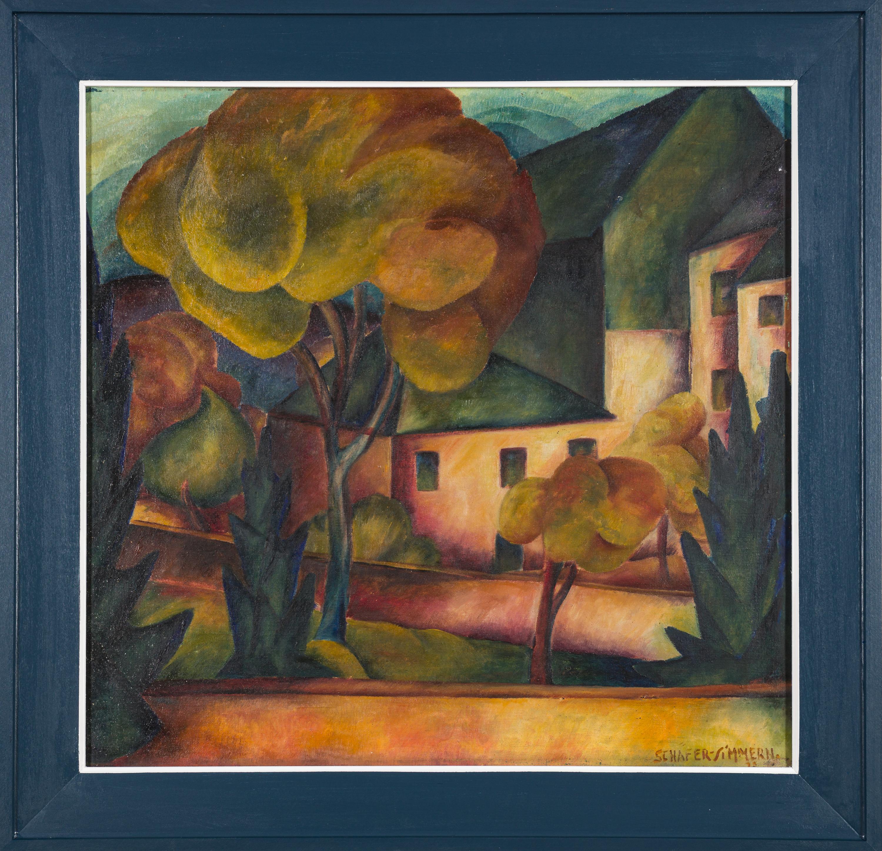 Häuser in einer Landschaft (Braun), Landscape Painting, von Henry Schaefer-Simmern