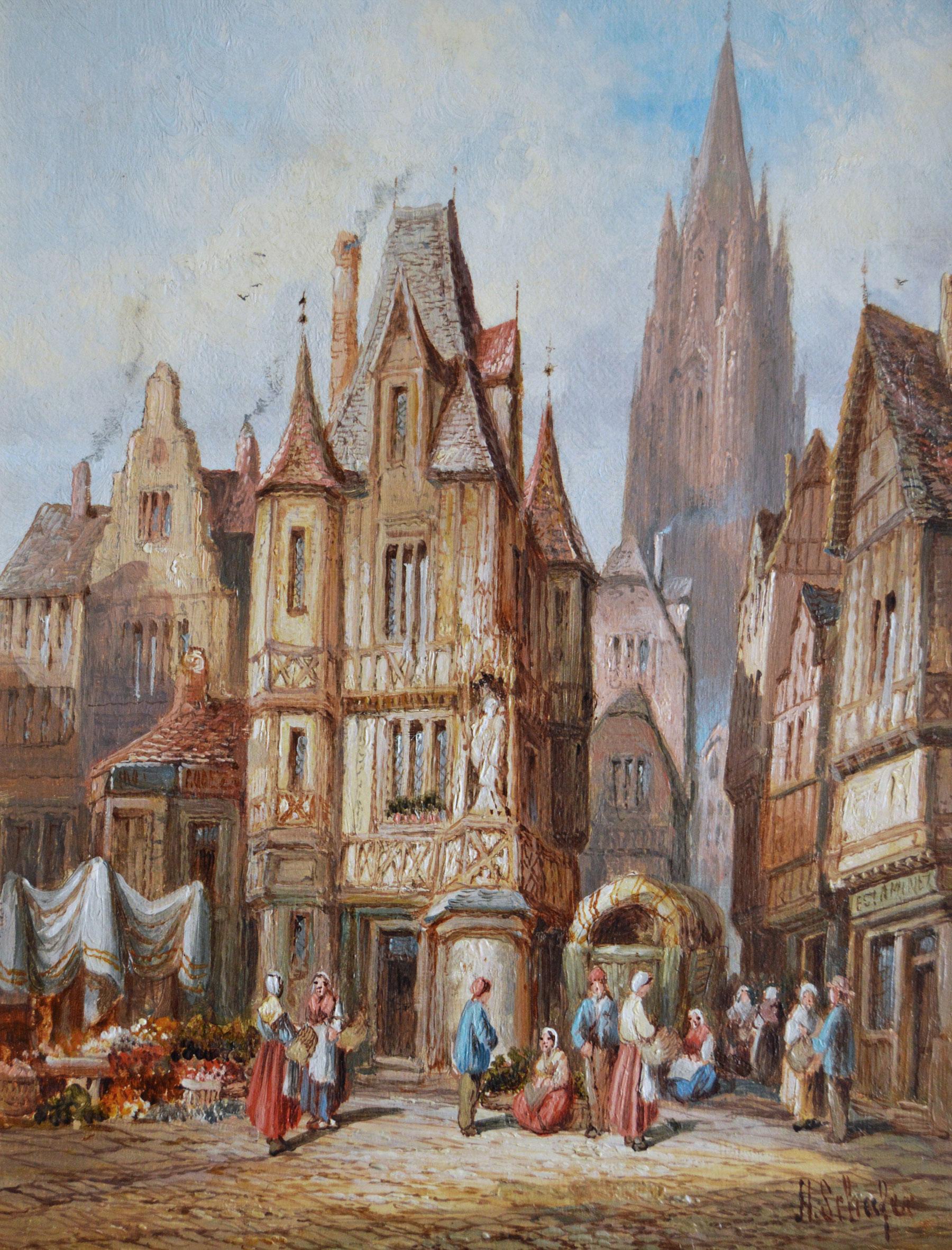 19th Century pair of French townscape oil paintings For Sale 1