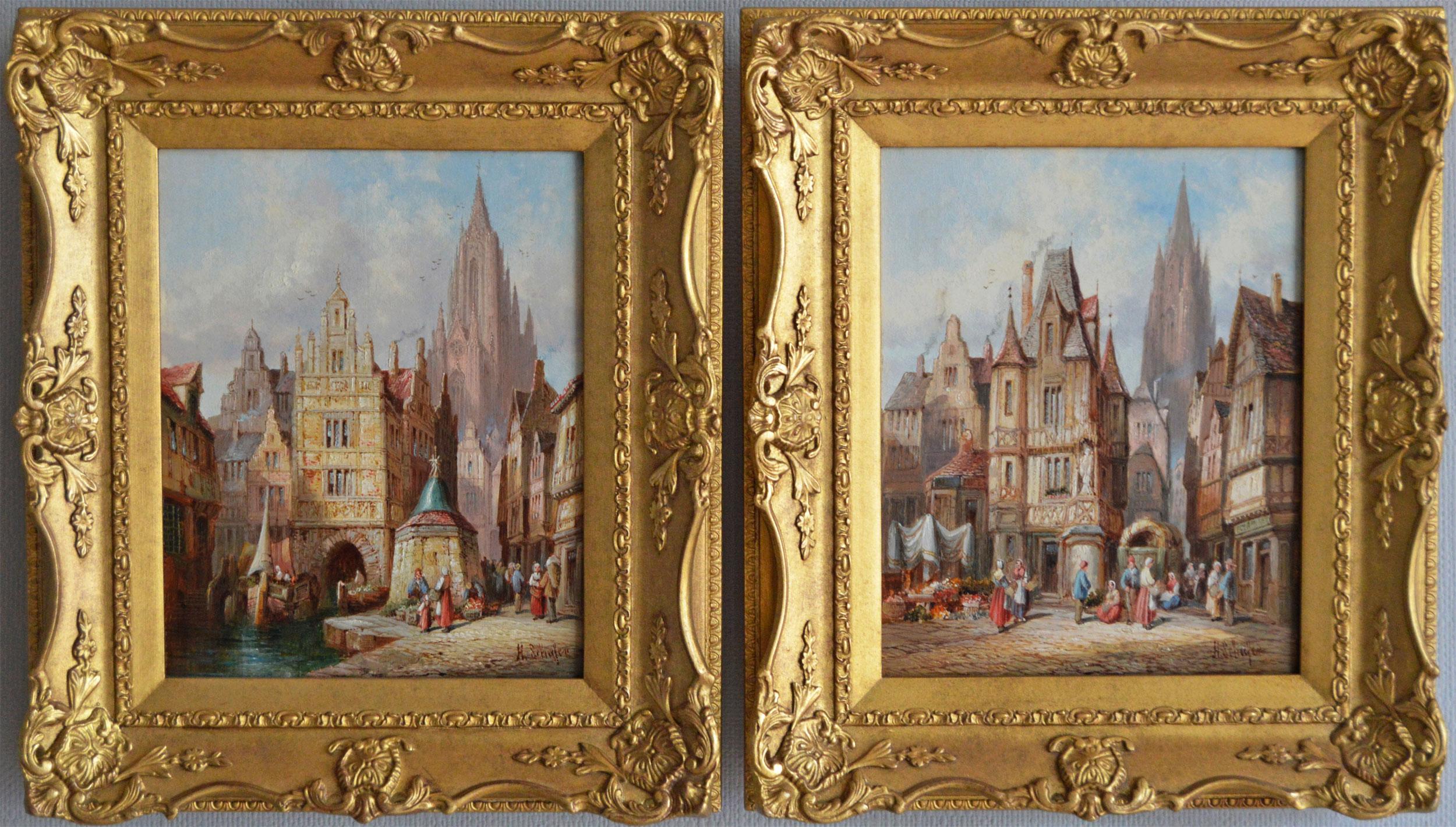 Henry Schafer Landscape Painting - 19th Century pair of French townscape oil paintings