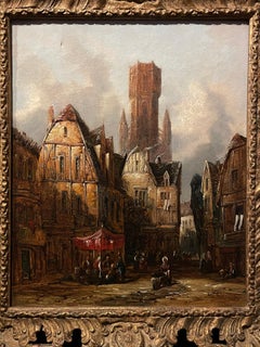 Fine 19th Century Victorian Oil Painting Bruges City Centre Bustling Scene