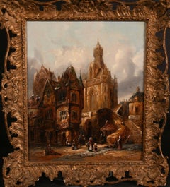Fine 19th Century Victorian Oil Painting Normandy City Centre Bustling Scene