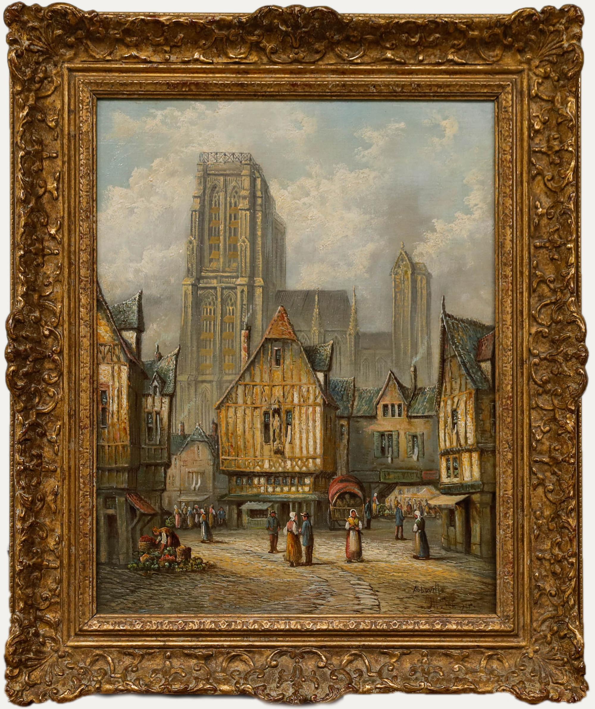 Henry Schafer (1833-1916), Oil on canvas. A bustling street scene in Abbeville with the city's gothic cathedral dominant in the background. The painting has been signed 'H. Schafer' to the lower right and presented in an ornate gilt-effect frame. 