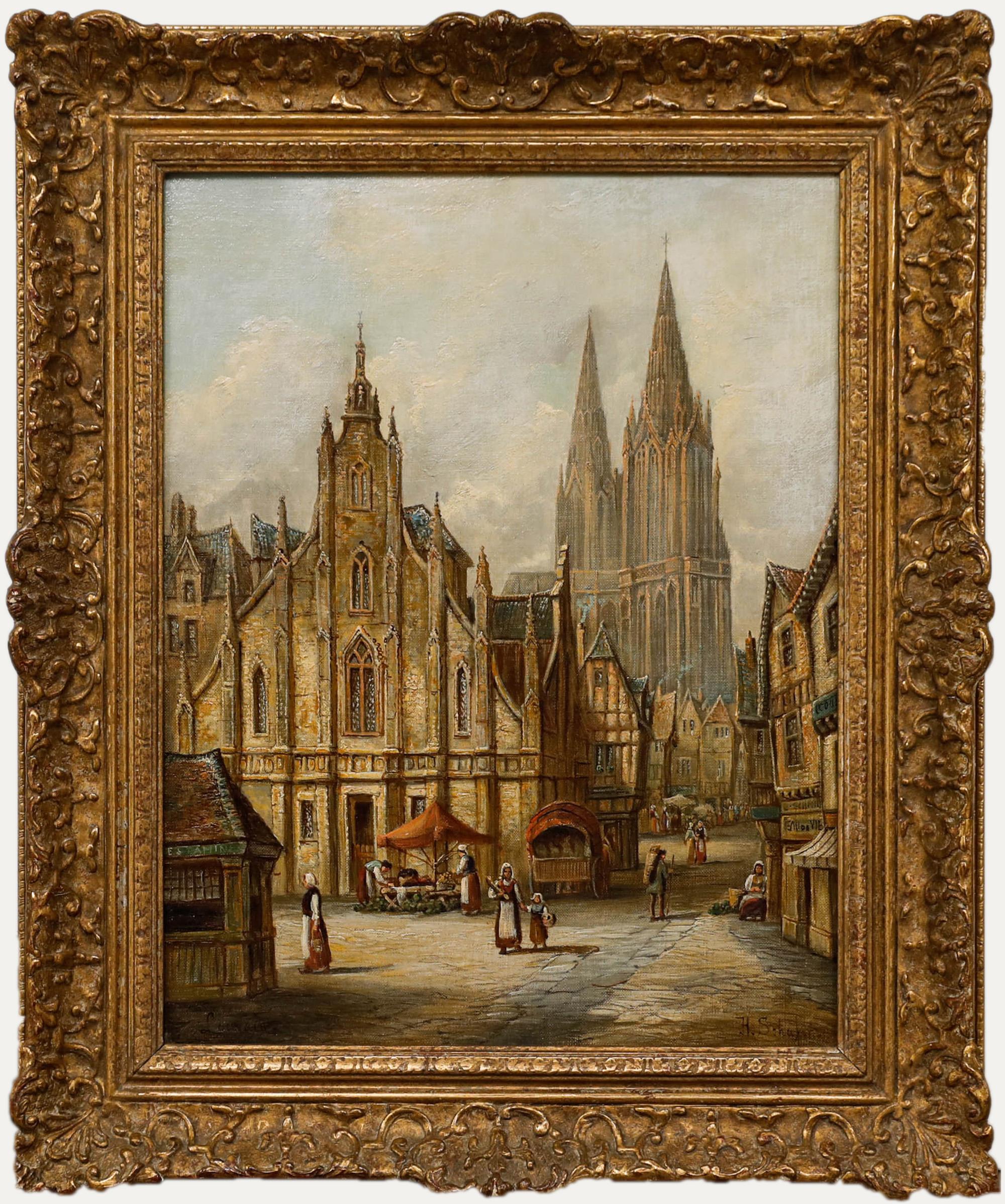 Henry Schafer (1833-1916), Oil on canvas. A bustling street scene in Louvain with the city's gothic cathedral dominant in the background. The painting has been signed 'H. Schafer' to the lower right and presented in an ornate gilt-effect frame. 