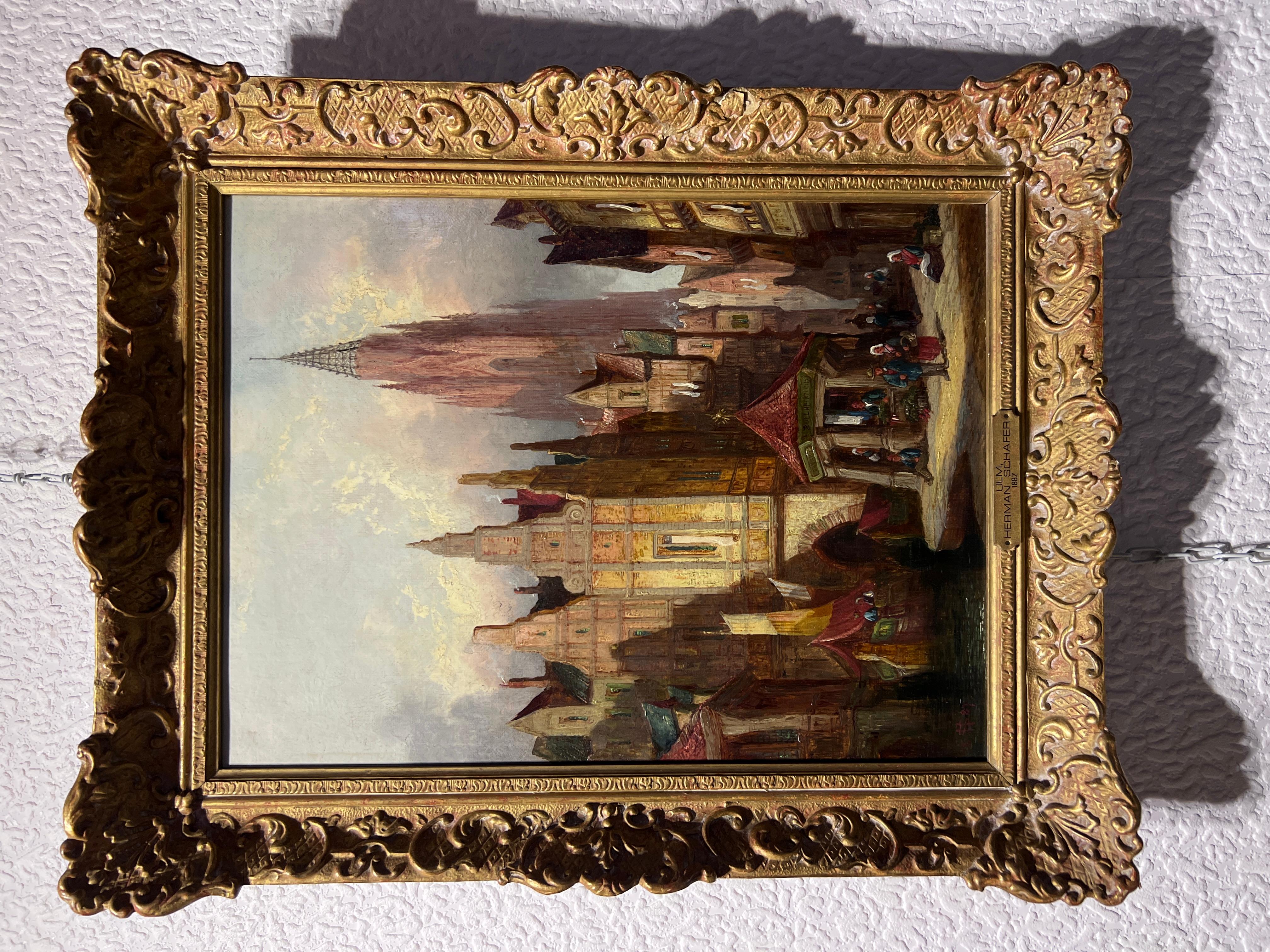 L'artiste répertorié H.Schafer 1887 peinture à l'huile ancienne originale, paysage urbain de l'ULM - Painting de Henry Schafer