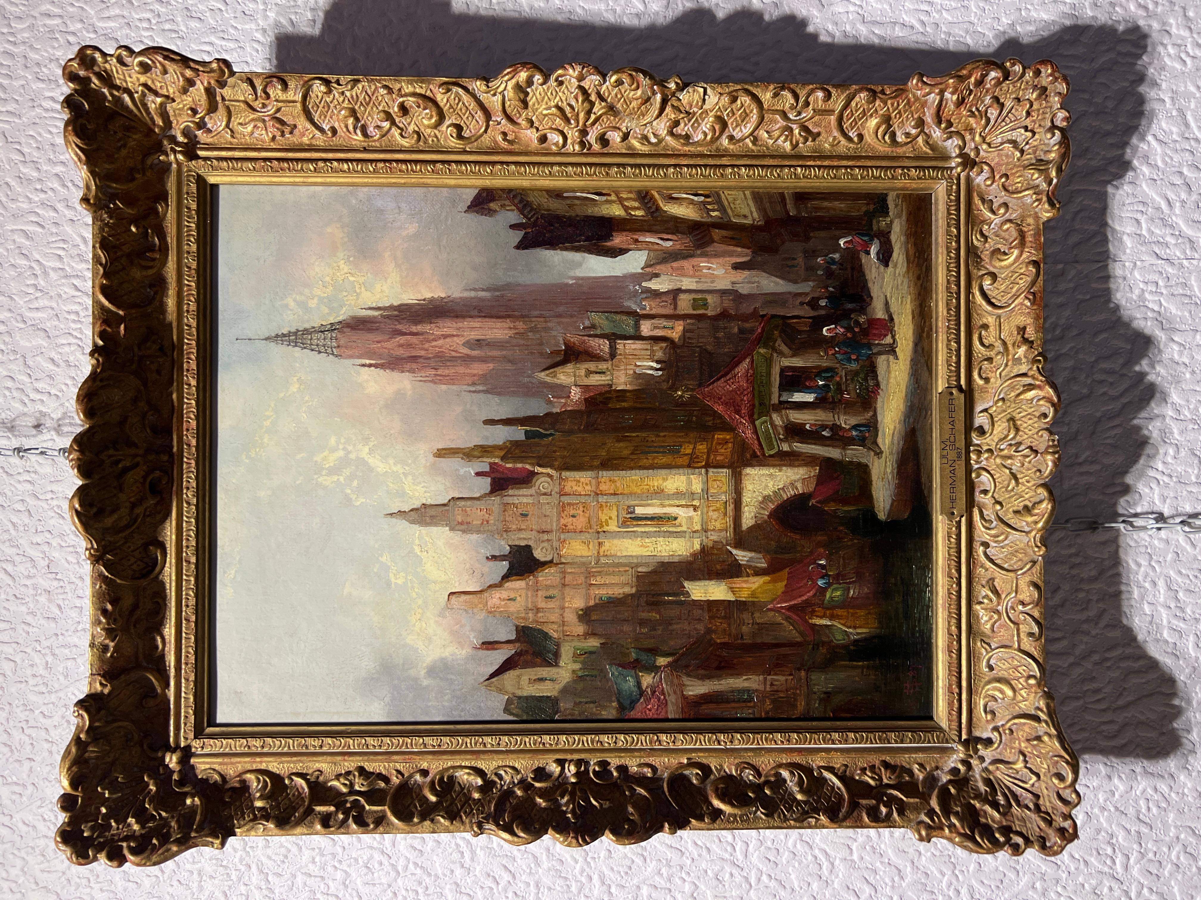 Listado Artista H.Schafer 1887 original Pintura al óleo antigua, ULM paisaje urbano - Painting de Henry Schafer