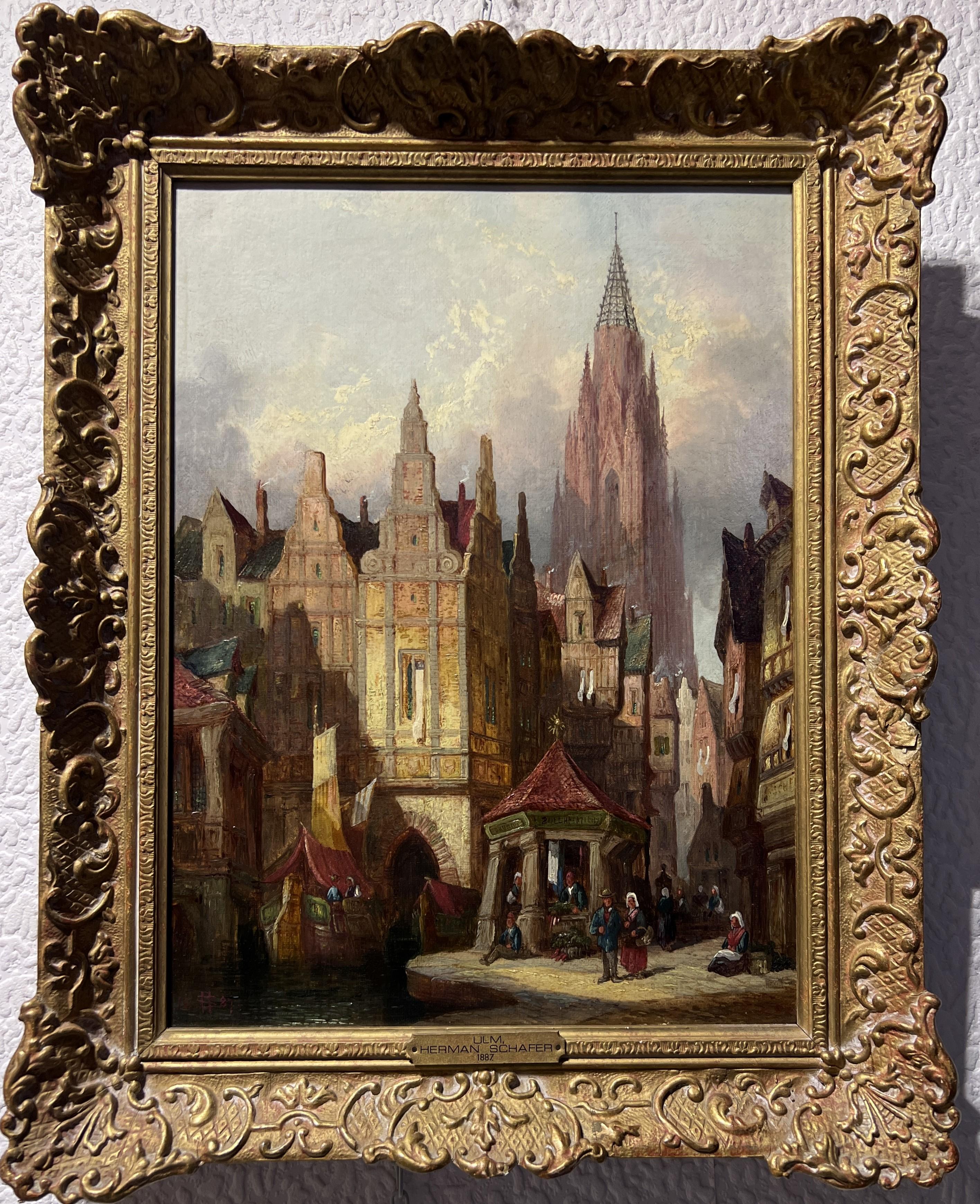 Landscape Painting Henry Schafer - L'artiste répertorié H.Schafer 1887 peinture à l'huile ancienne originale, paysage urbain de l'ULM