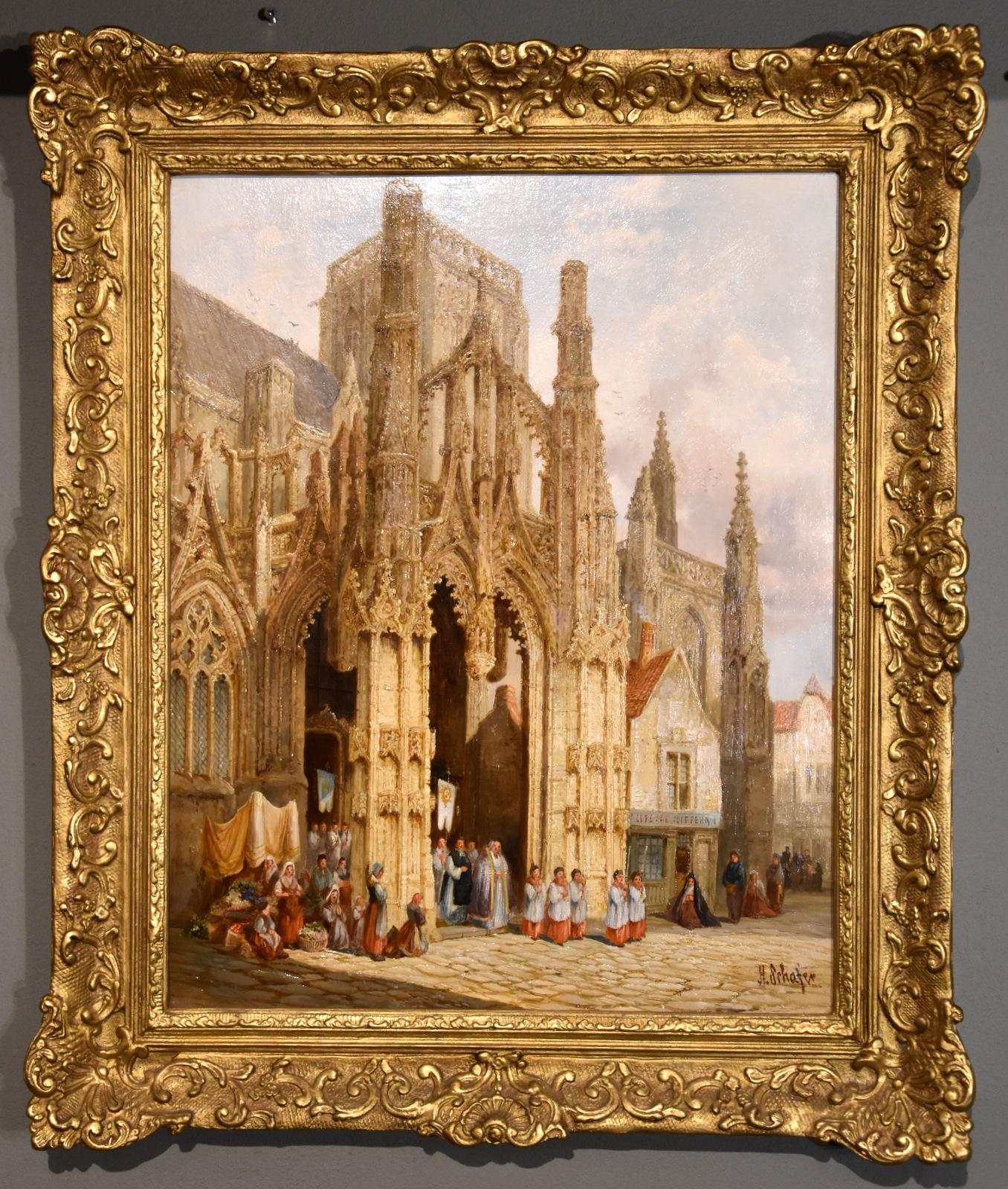 Peinture à l'huile de Henry Schafer "Entrée de la cathédrale de Louviers".  1833 à 1916 Henry Schafer est un peintre d'Islington spécialisé dans les scènes de villes continentales. Il est originaire de France où il a étudié à l'École des beaux-arts