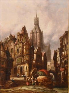 Oil Painting on canvas by Henry Schafer "Street scene, Maliner, Belgium"
