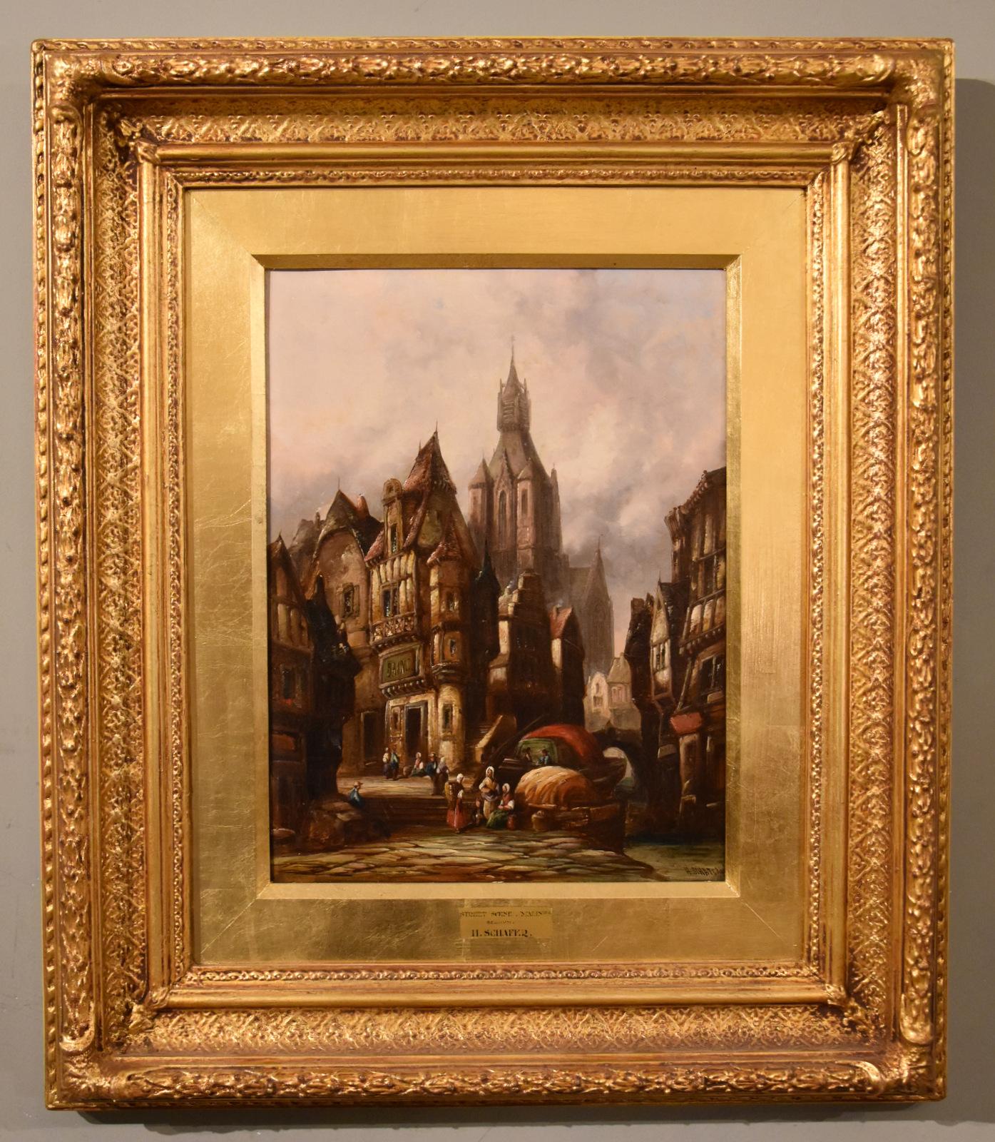 Ölgemälde von Henry Schafer "Straßenszene, Maliner, Belgien".