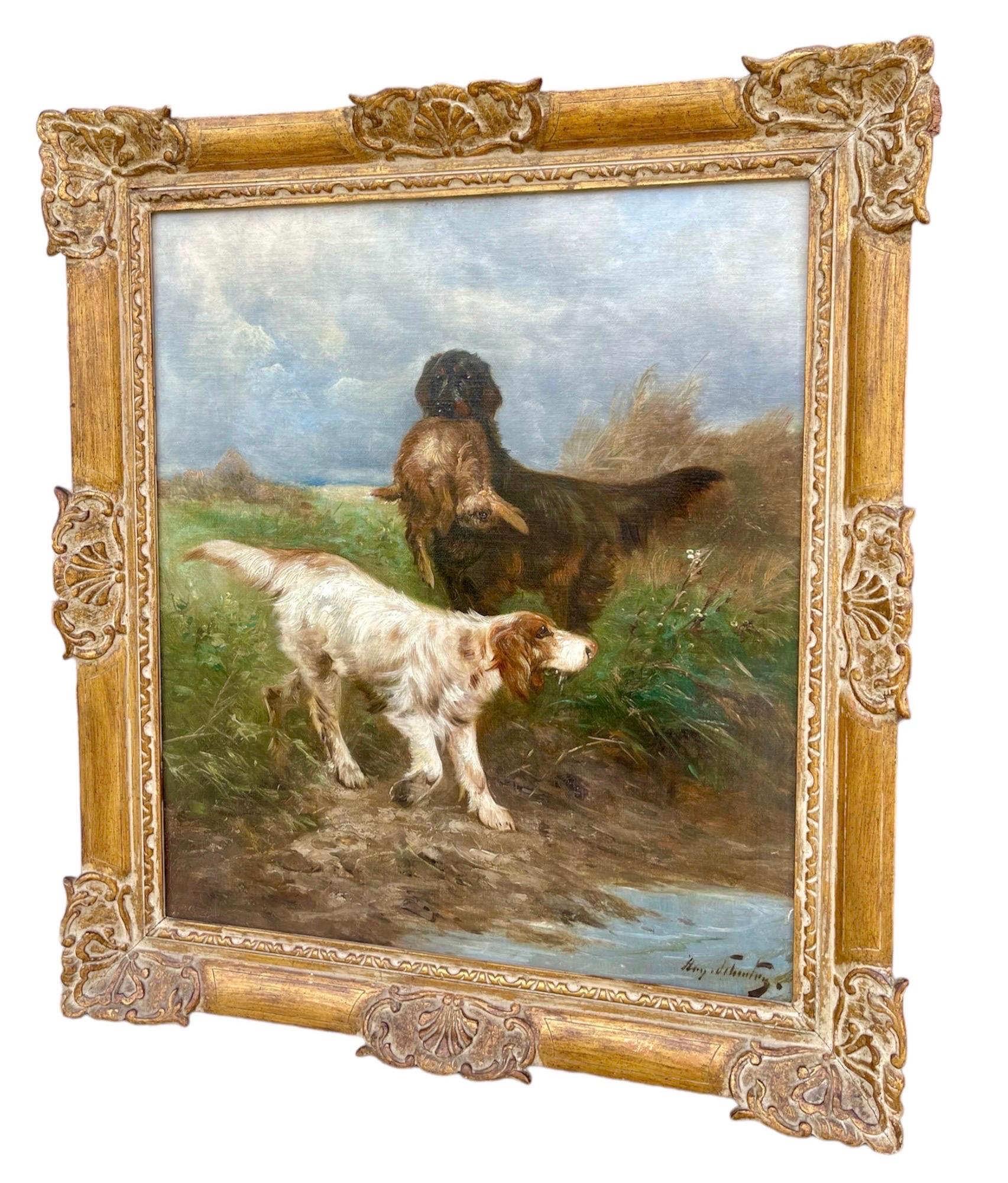 19th century Hunting scene - Setter dogs with their prey in a landscape - Hunt  6