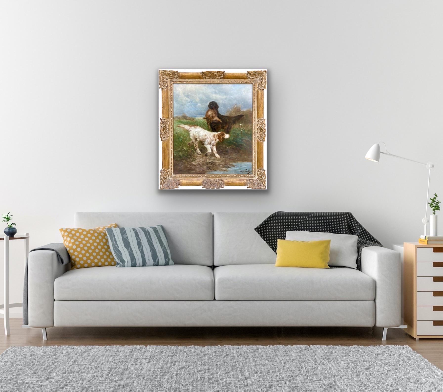 Jagdszene aus dem 19. Jahrhundert – Jagdhunde mit ihrer Beute in einer Landschaft – Painting von Henry Schouten