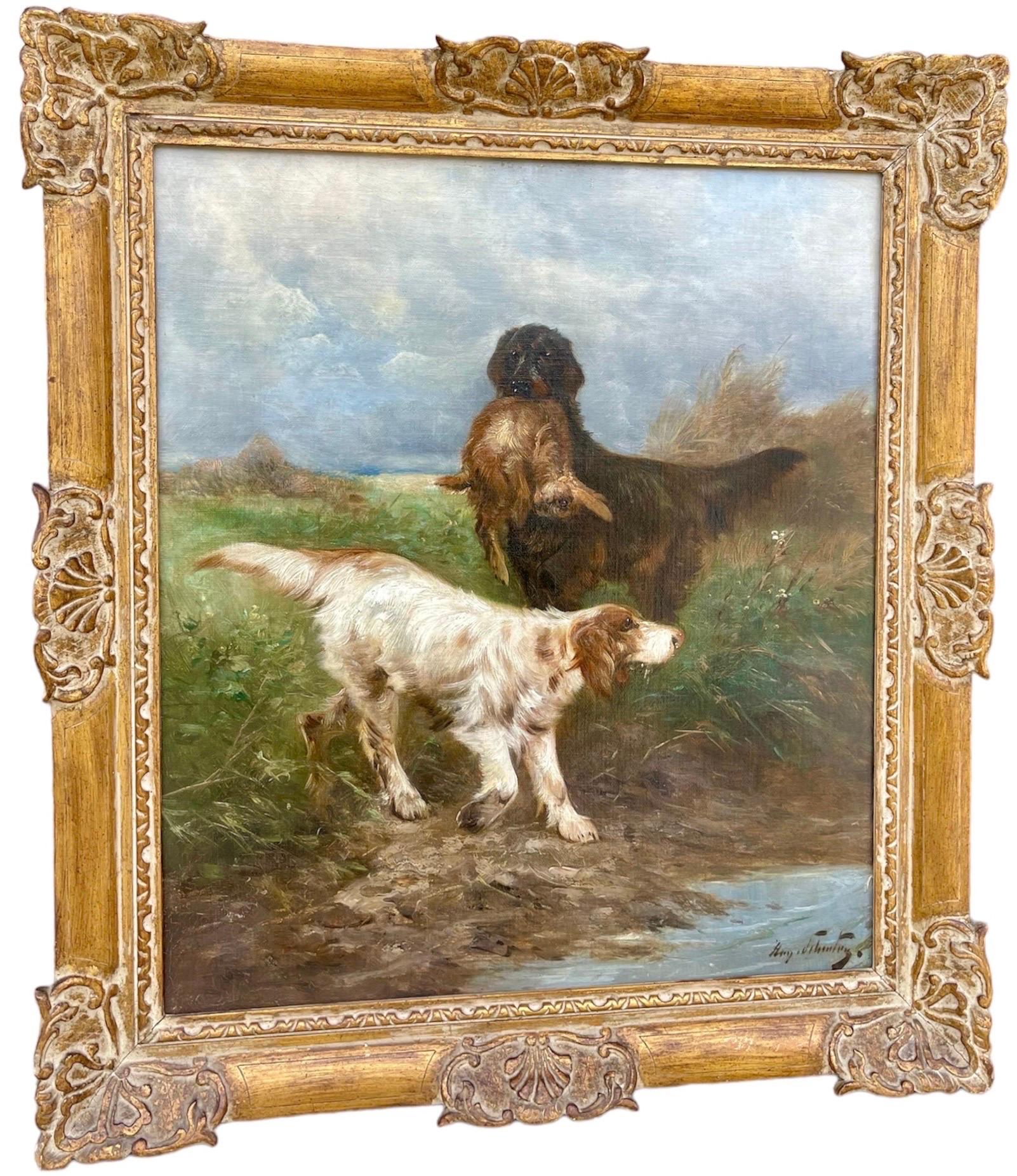 19th century Hunting scene - Setter dogs with their prey in a landscape - Hunt  5