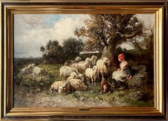 19th century pastoral scene - Shepherdess with her flock in a landscape
