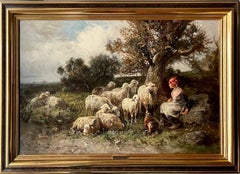 Scène pastorale du 19e siècle - Bergère avec son troupeau dans un paysage