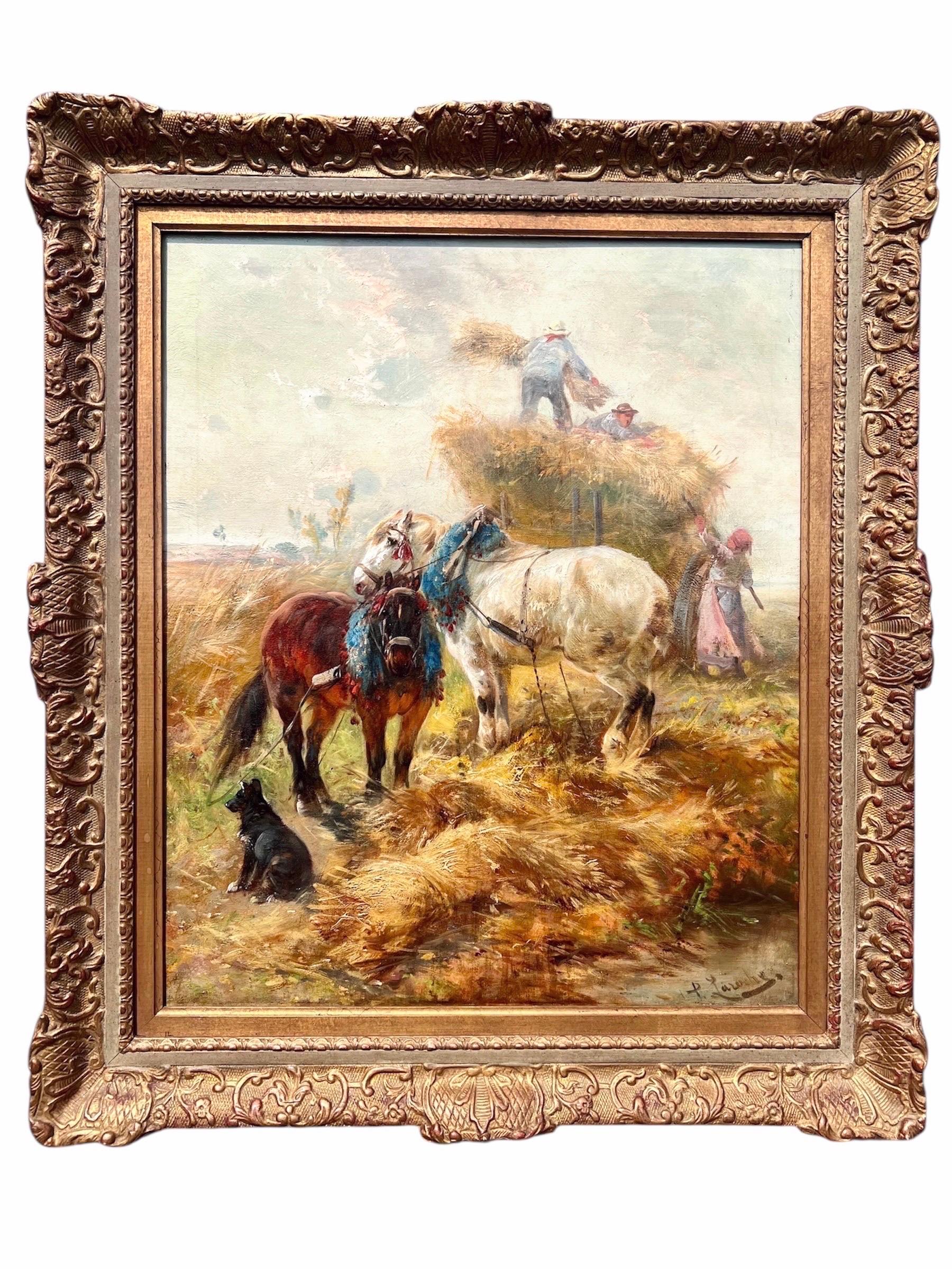 Romantisches Öl aus dem 19. Jahrhundert - Liebende Pferde in einer ländlichen Heuerntelandschaft – Painting von Henry Schouten