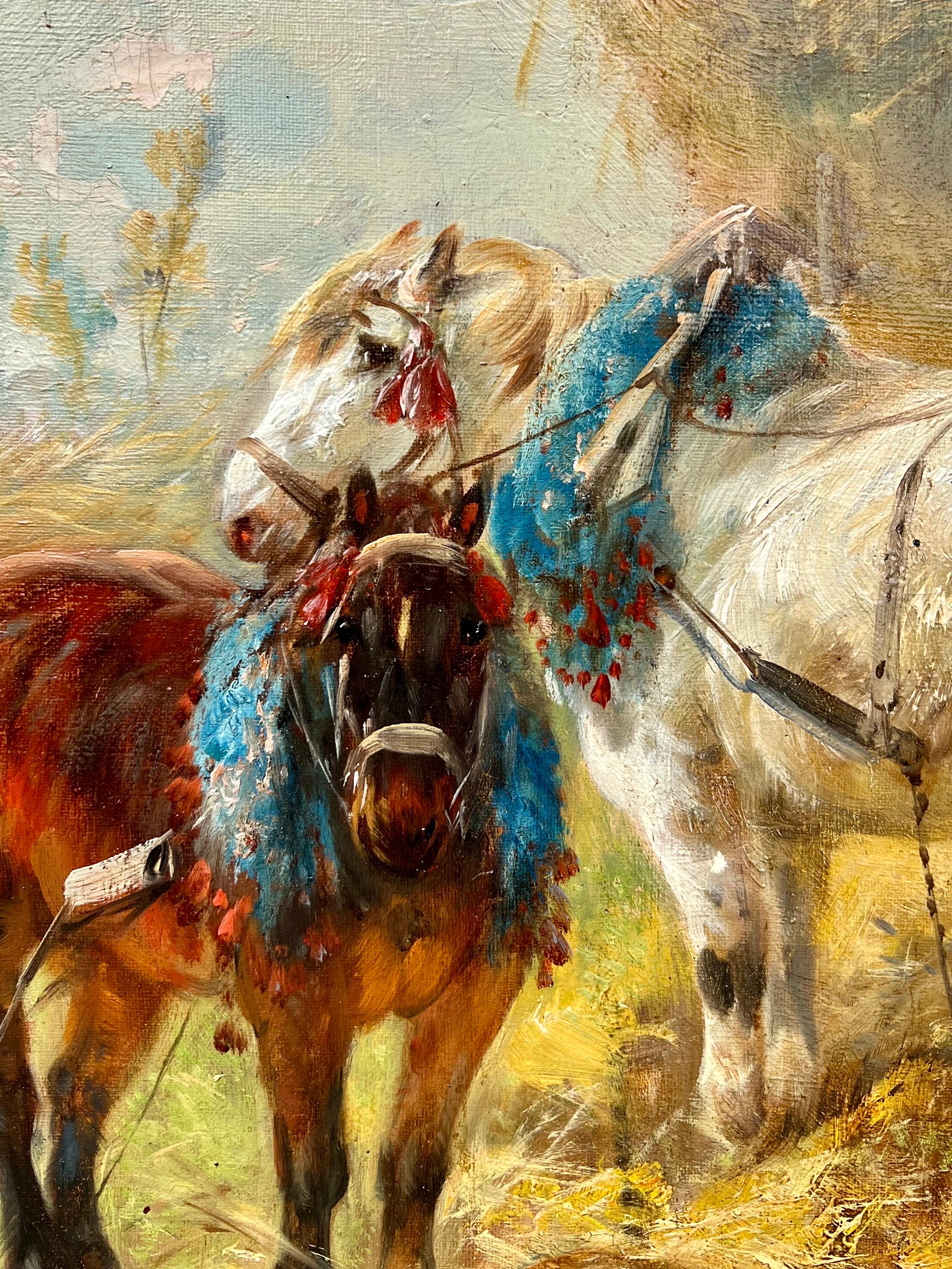 Romantisches Öl aus dem 19. Jahrhundert - Liebende Pferde in einer ländlichen Heuerntelandschaft (Romantik), Painting, von Henry Schouten