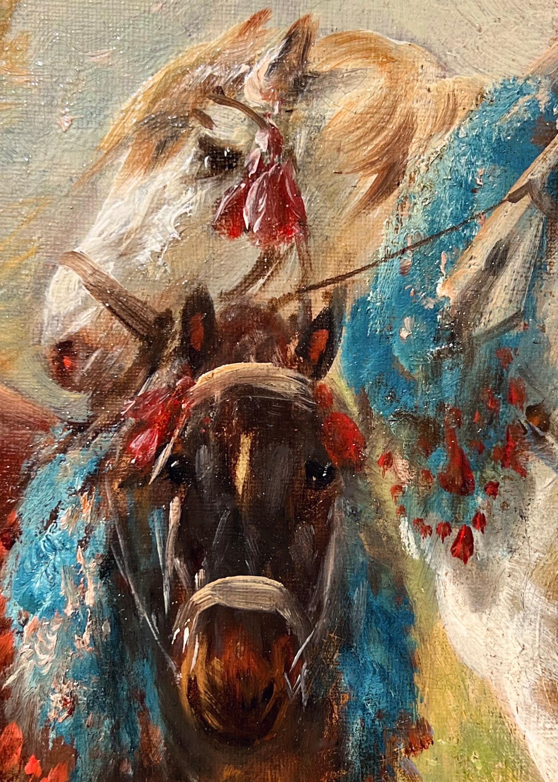 Olio romantico del XIX secolo - Cavalli innamorati in un paesaggio di campagna con raccolta di fieno - Interior Painting Marrone di Henry Schouten