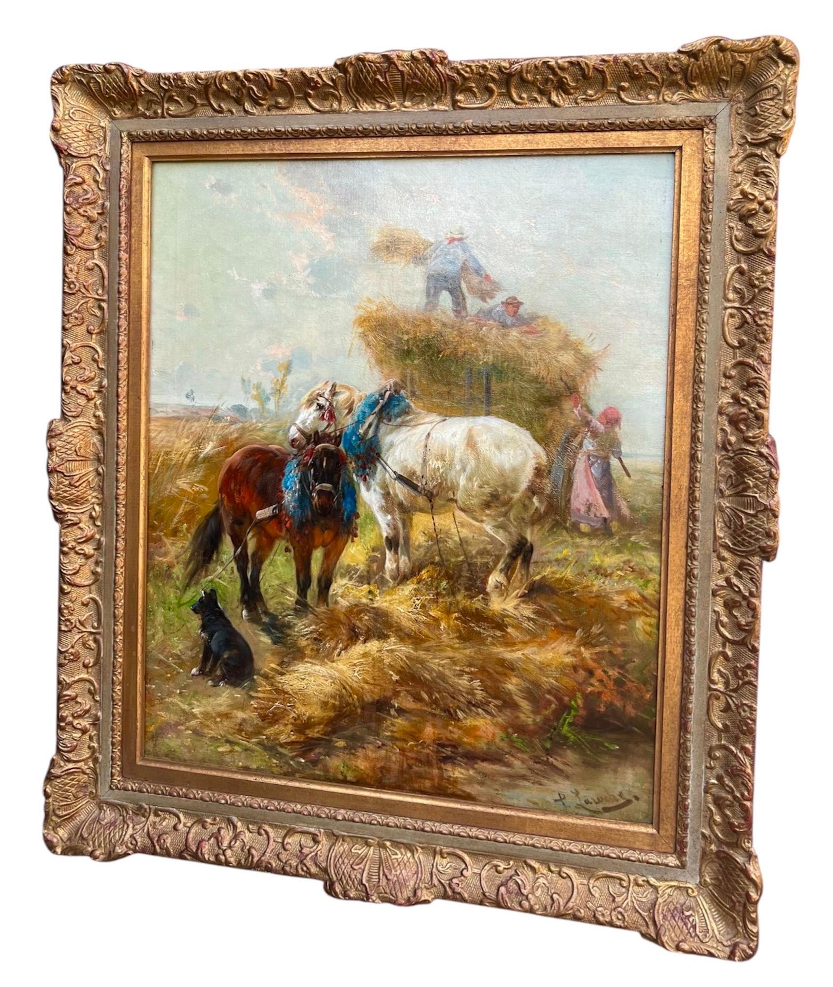 Olio romantico del XIX secolo - Cavalli innamorati in un paesaggio di campagna con raccolta di fieno in vendita 1