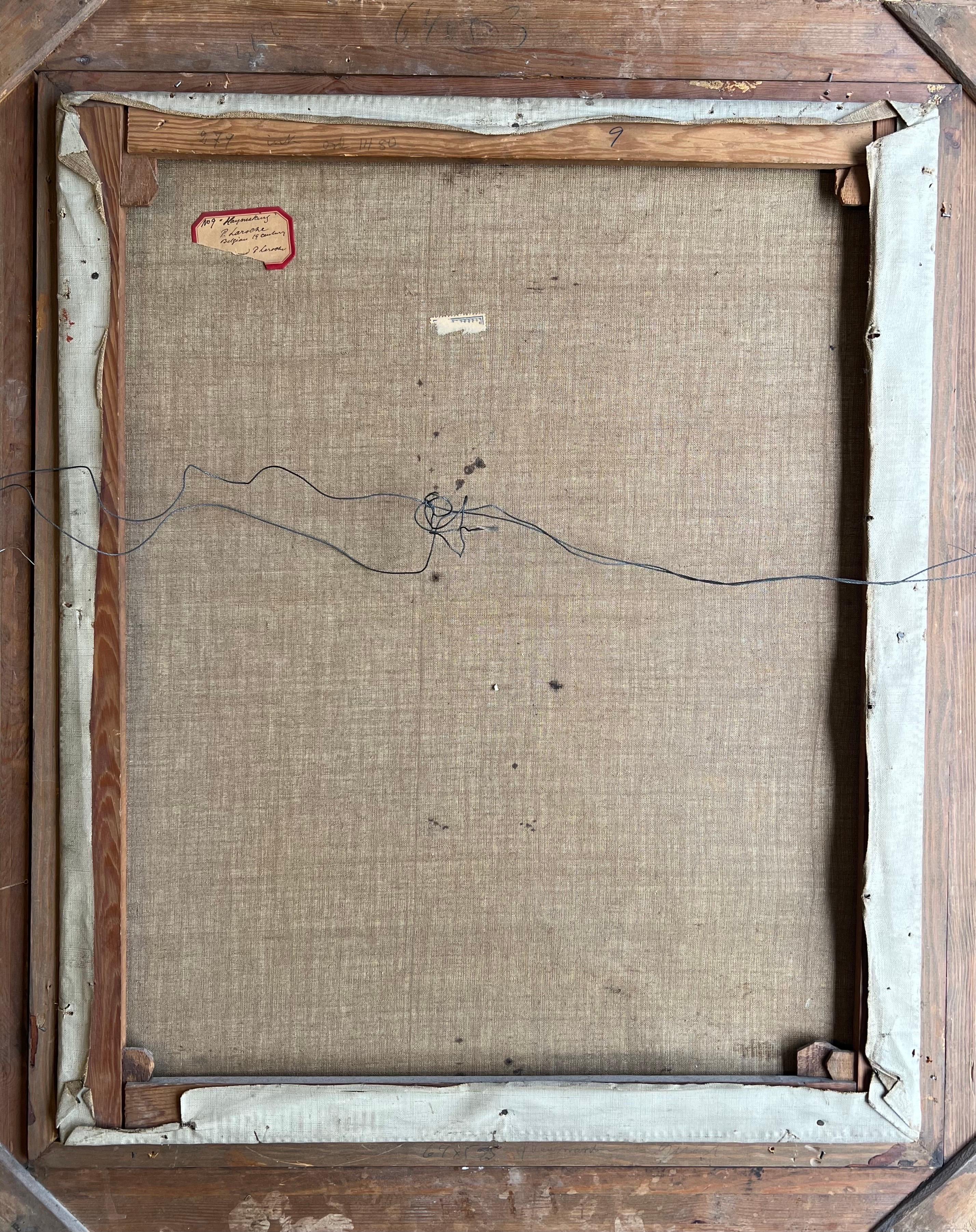 Olio romantico del XIX secolo - Cavalli innamorati in un paesaggio di campagna con raccolta di fieno in vendita 2