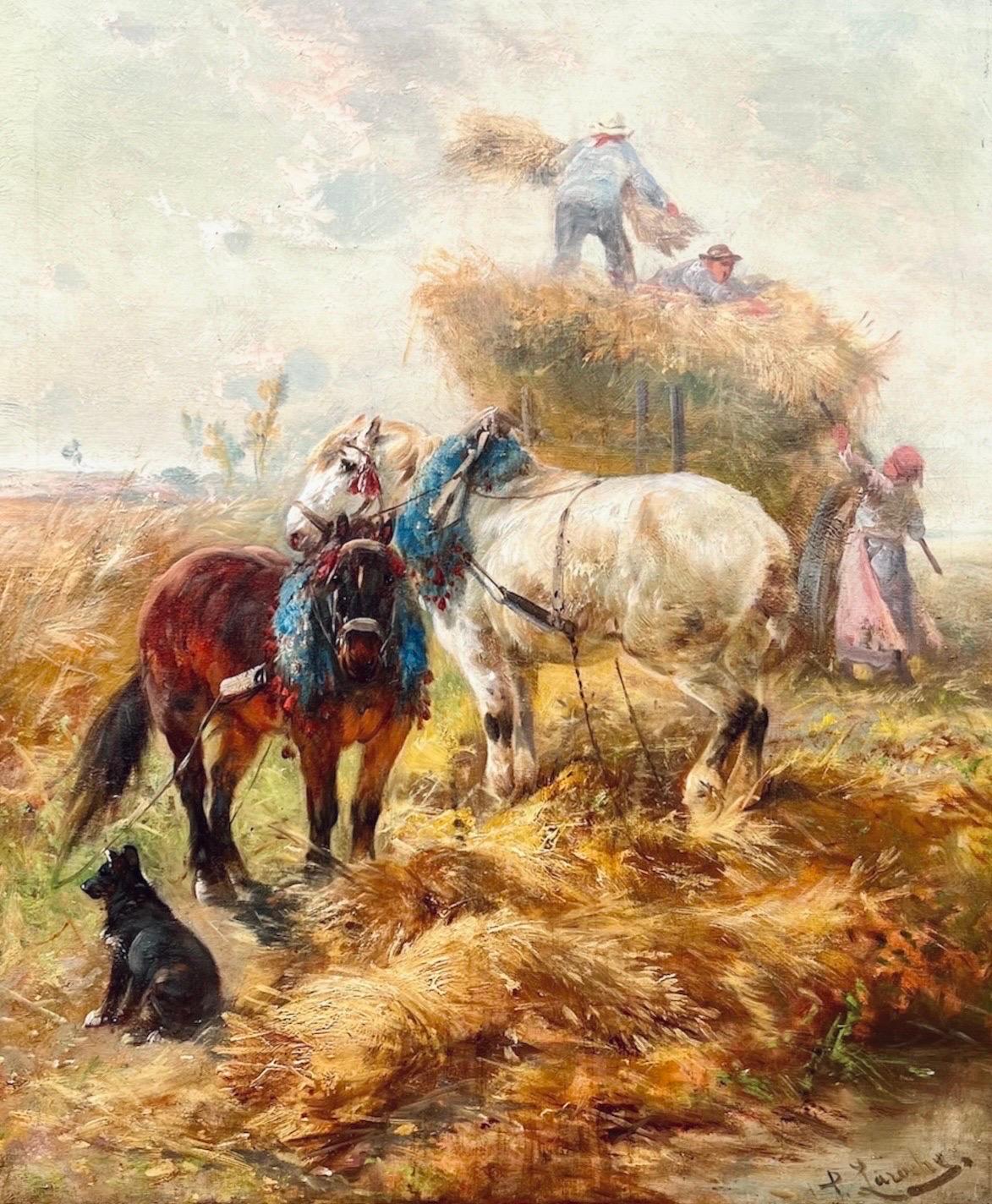 19th century romantic oil - Loving horses in a countryside hay harvest landscape