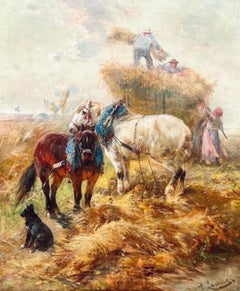 Olio romantico del XIX secolo - Cavalli innamorati in un paesaggio di campagna con raccolta di fieno
