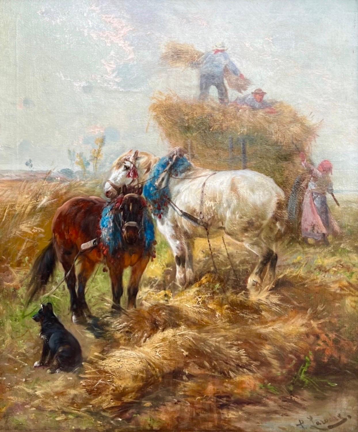 Interior Painting di Henry Schouten - Olio romantico del XIX secolo - Cavalli innamorati in un paesaggio di campagna con raccolta di fieno