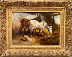 19th century romantic painting - Farm scene with two donkeys - countryside