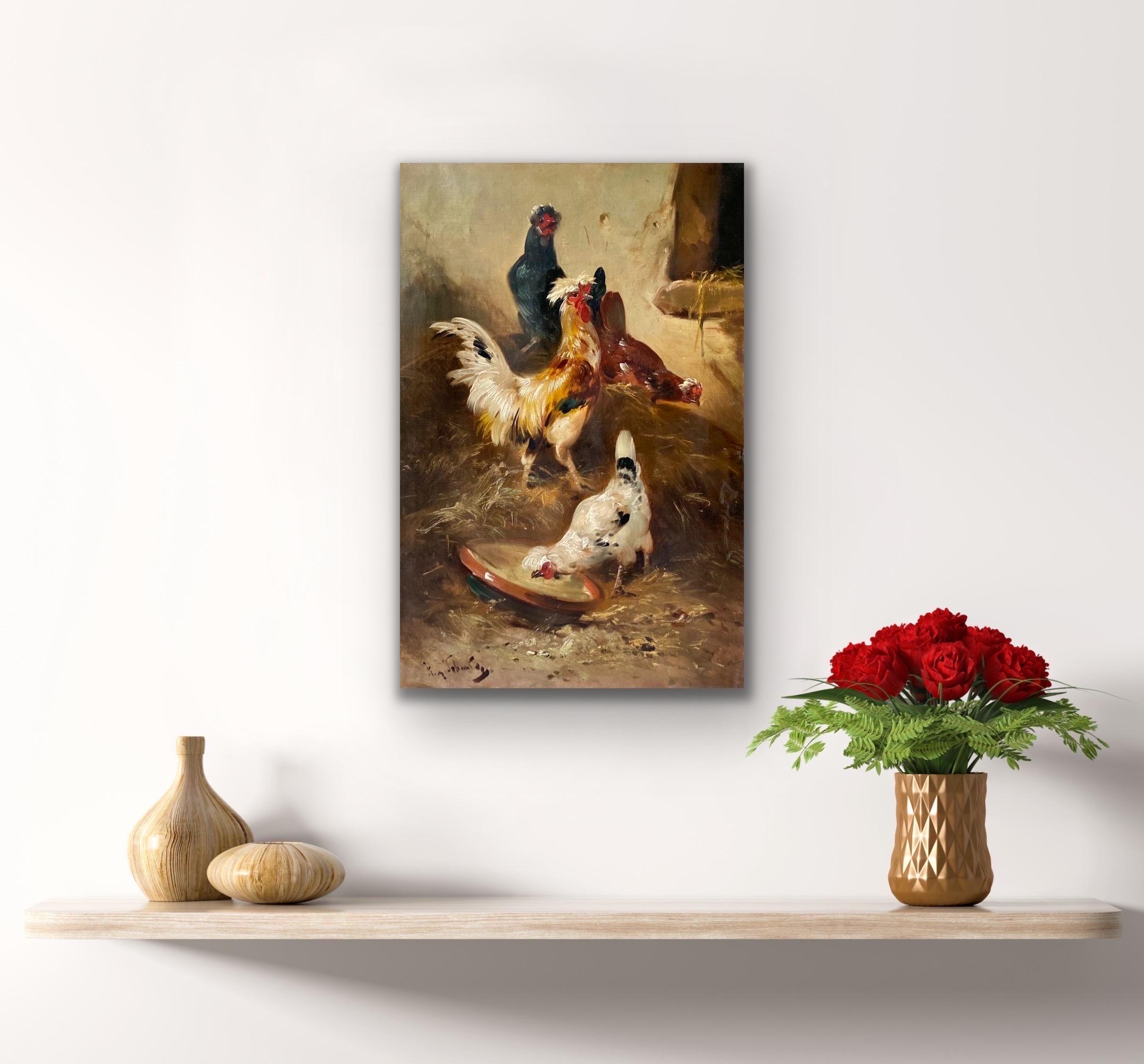 Peinture romantique du XIXe siècle - Coqs dans une ferme - Paysage d'oiseaux - Painting de Henry Schouten