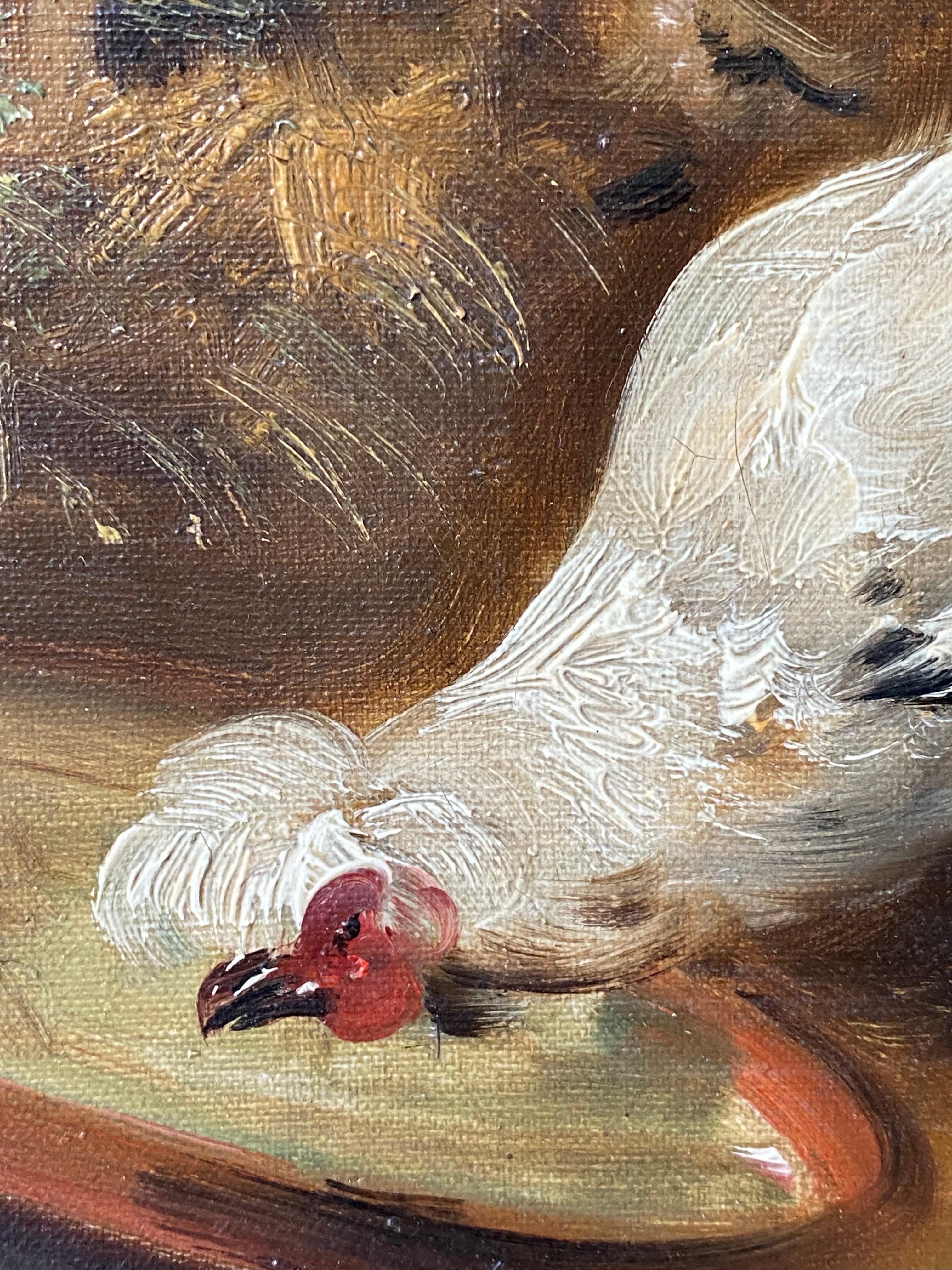 Peinture romantique du XIXe siècle - Coqs dans une ferme - Paysage d'oiseaux 1