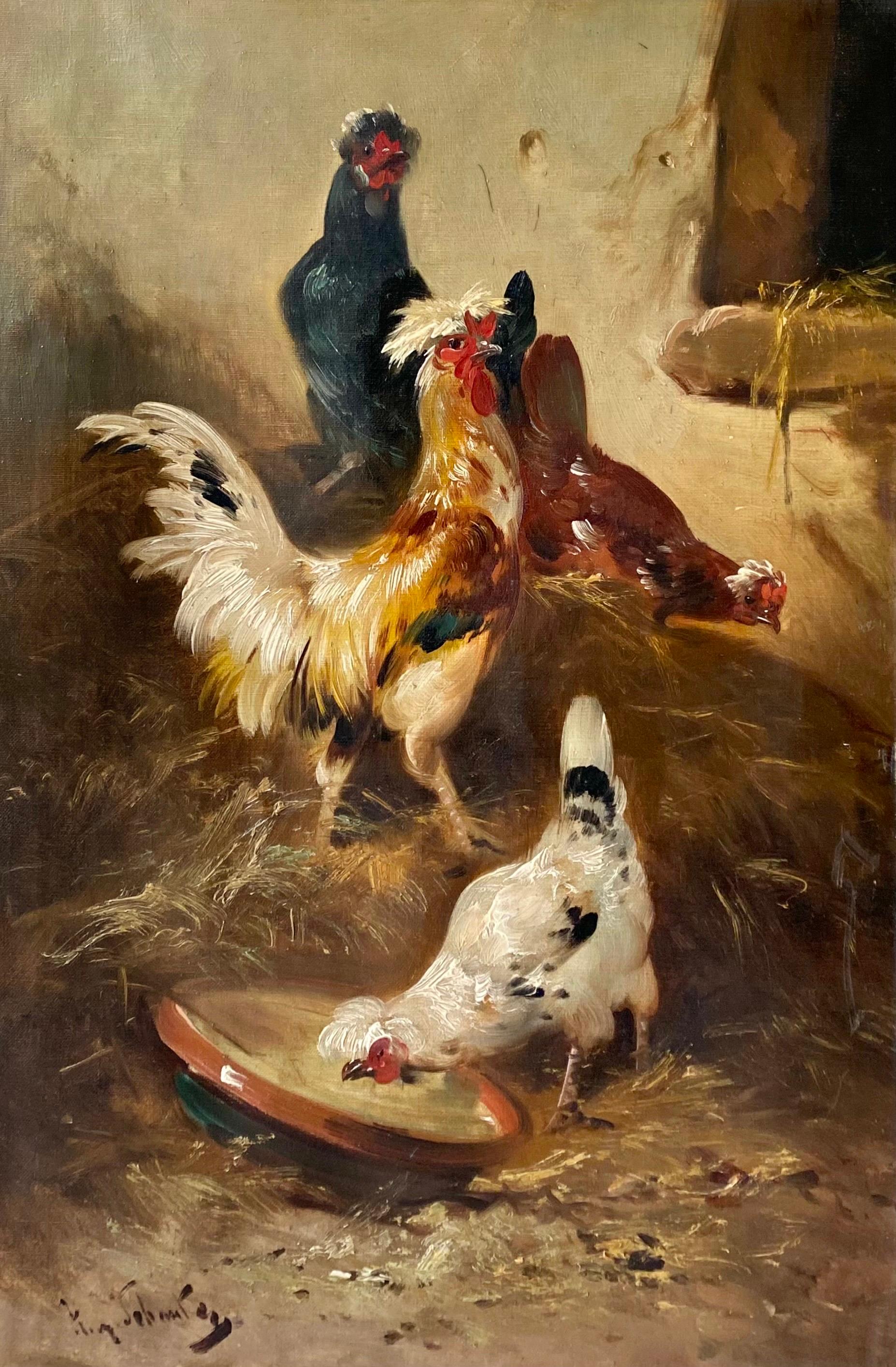 Interior Painting Henry Schouten - Peinture romantique du XIXe siècle - Coqs dans une ferme - Paysage d
oiseaux