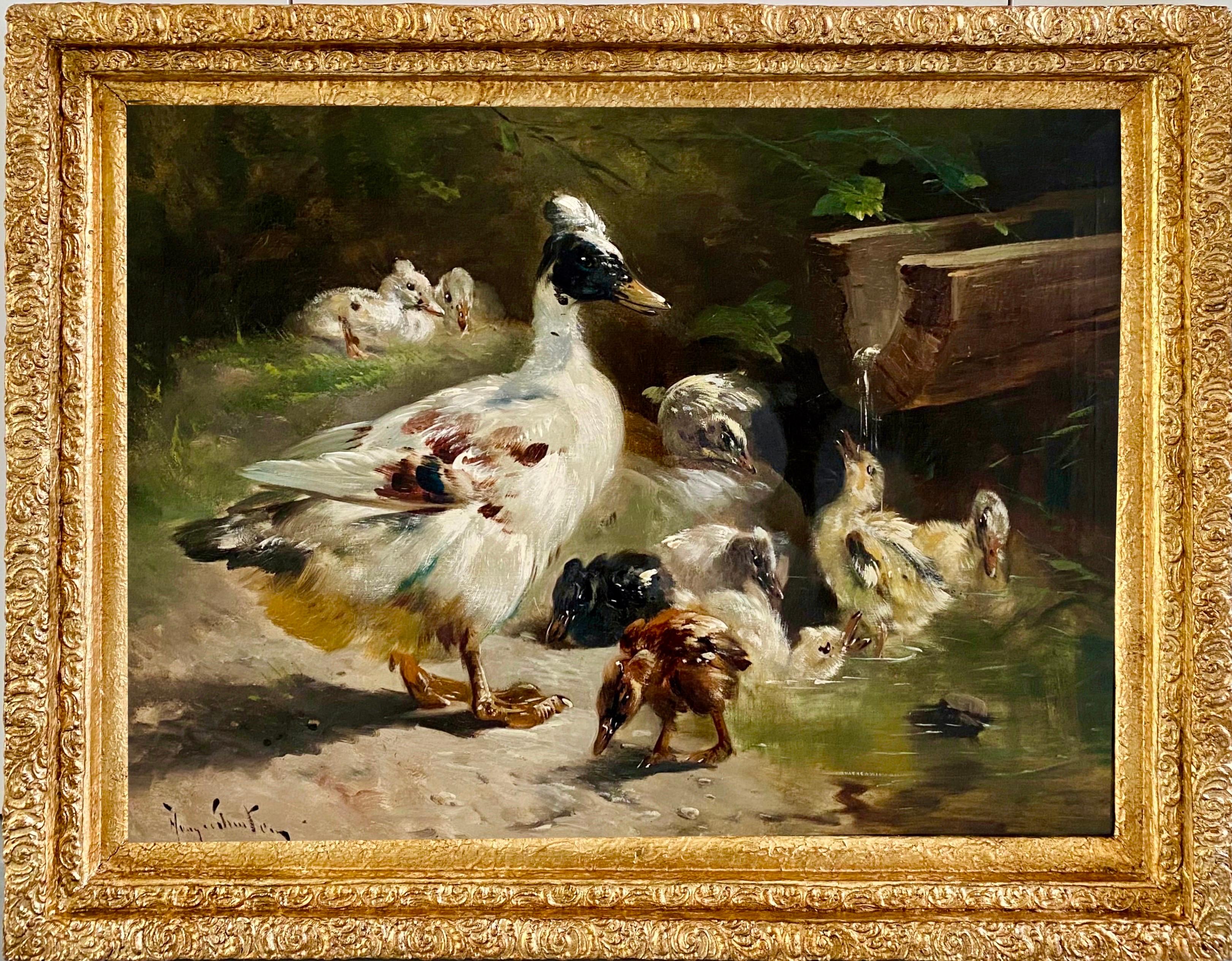 Henry Schouten Animal Painting - A happy family - 19th century romantic painting bird animal - Duck Mother