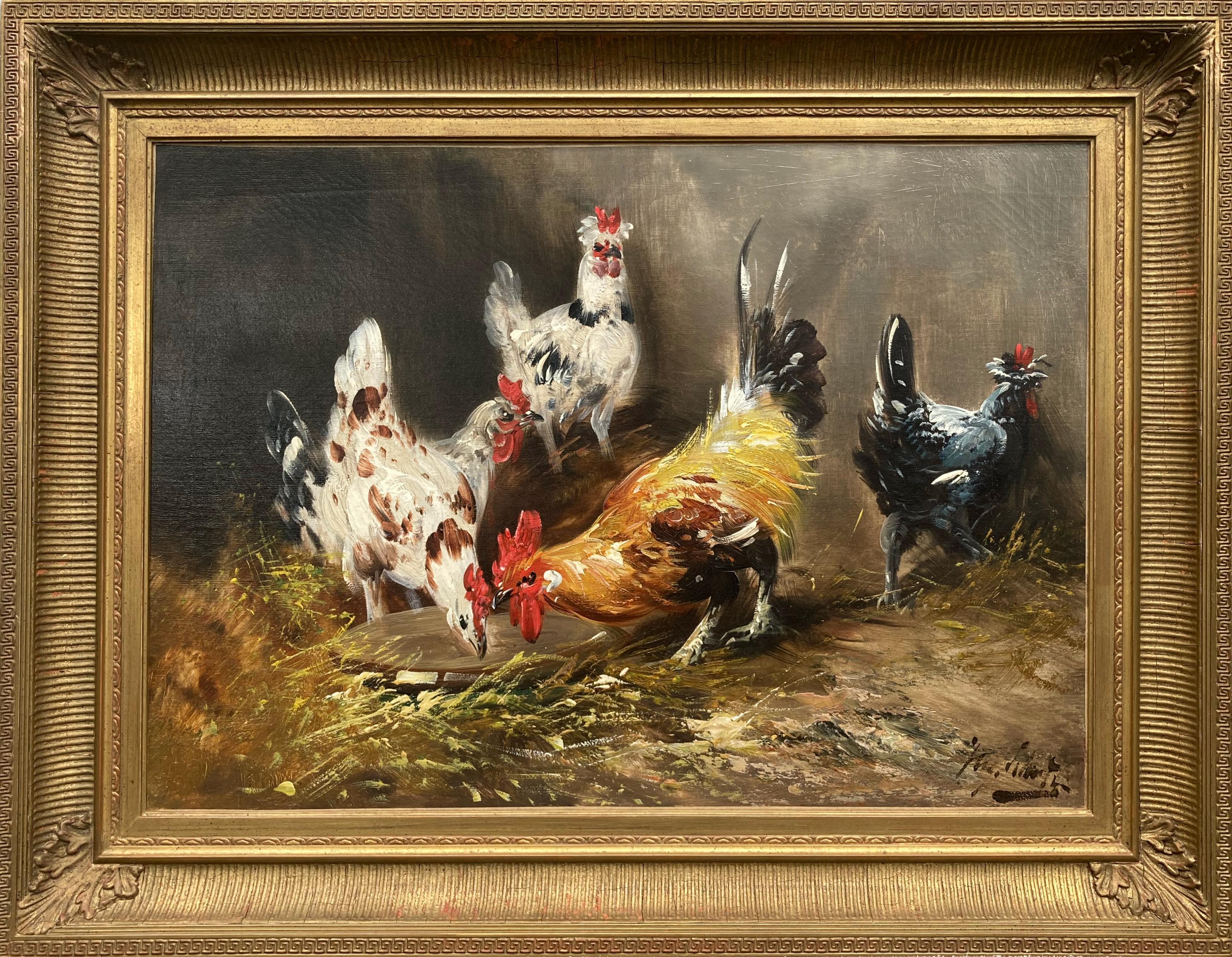 Henry Schouten Interior Painting - Chickens at Mealtime