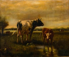 Henry Schouten (1857-1927) - Gerahmtes Öl aus dem frühen 20. Jahrhundert, Kühe an einem Teich