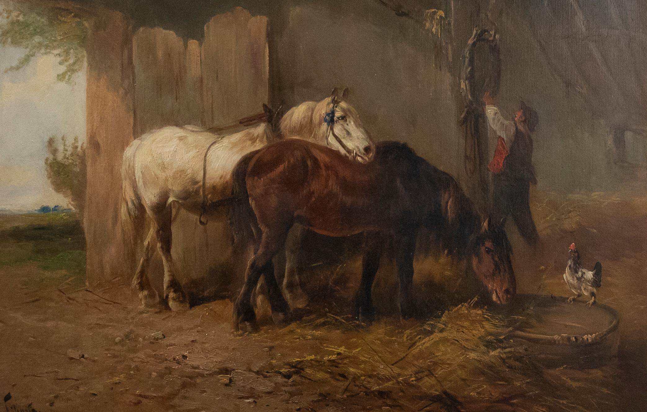 Henry Schouten (1864-1927) - Framed Late 19th Century Oil, Two Horse in a Barn 1
