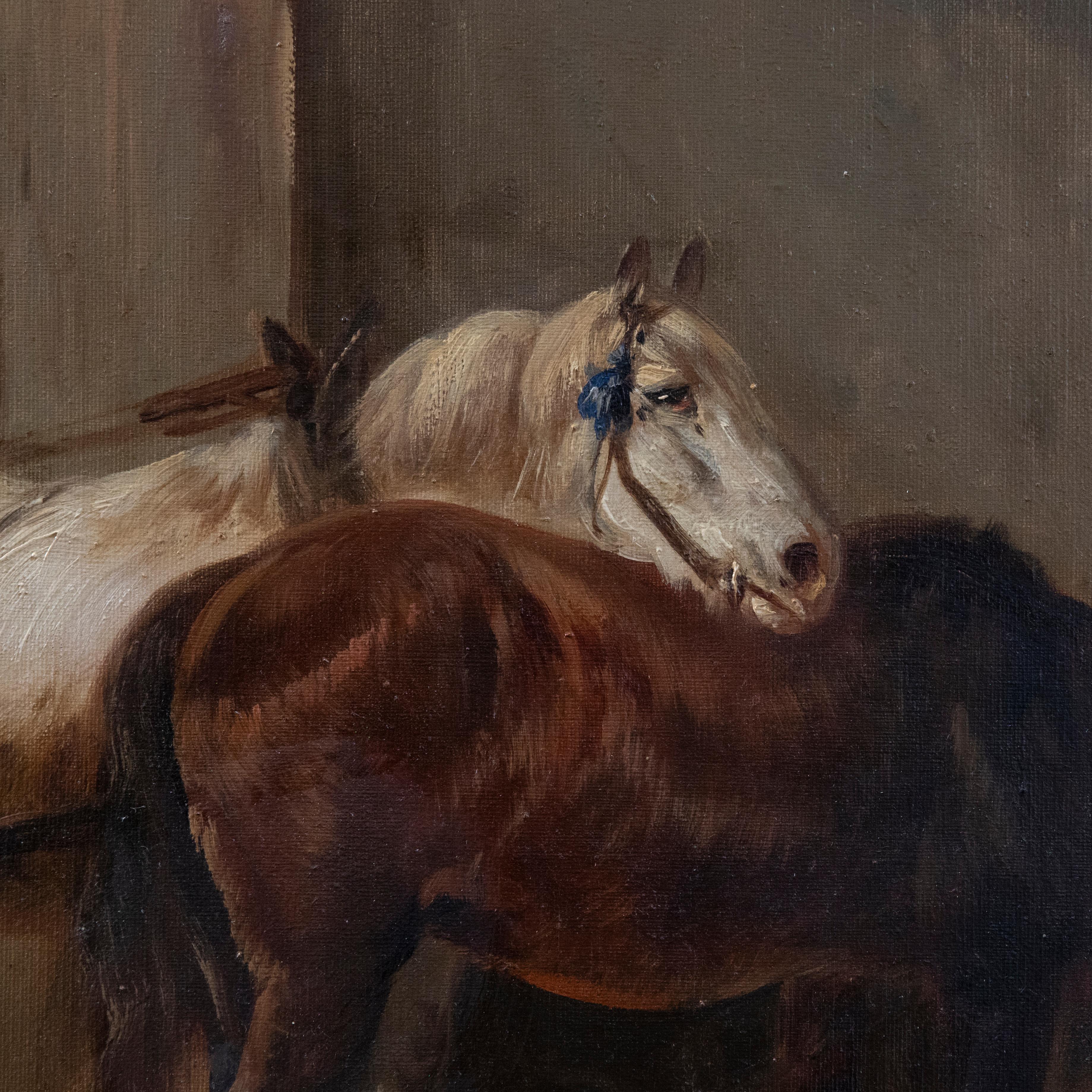 Henry Schouten (1864-1927) - Framed Late 19th Century Oil, Two Horse in a Barn 3