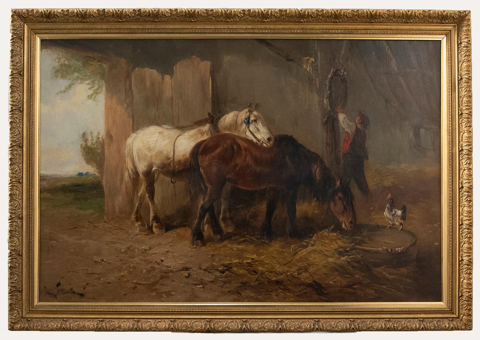 An accomplished oil painting by the Belgium artist Henry Schouten (1864-1927). The scene depicts the returned of two working horses to their straw bedded barn. Schouten has captured each of the animals in fine detail with soft brown eyes and shining