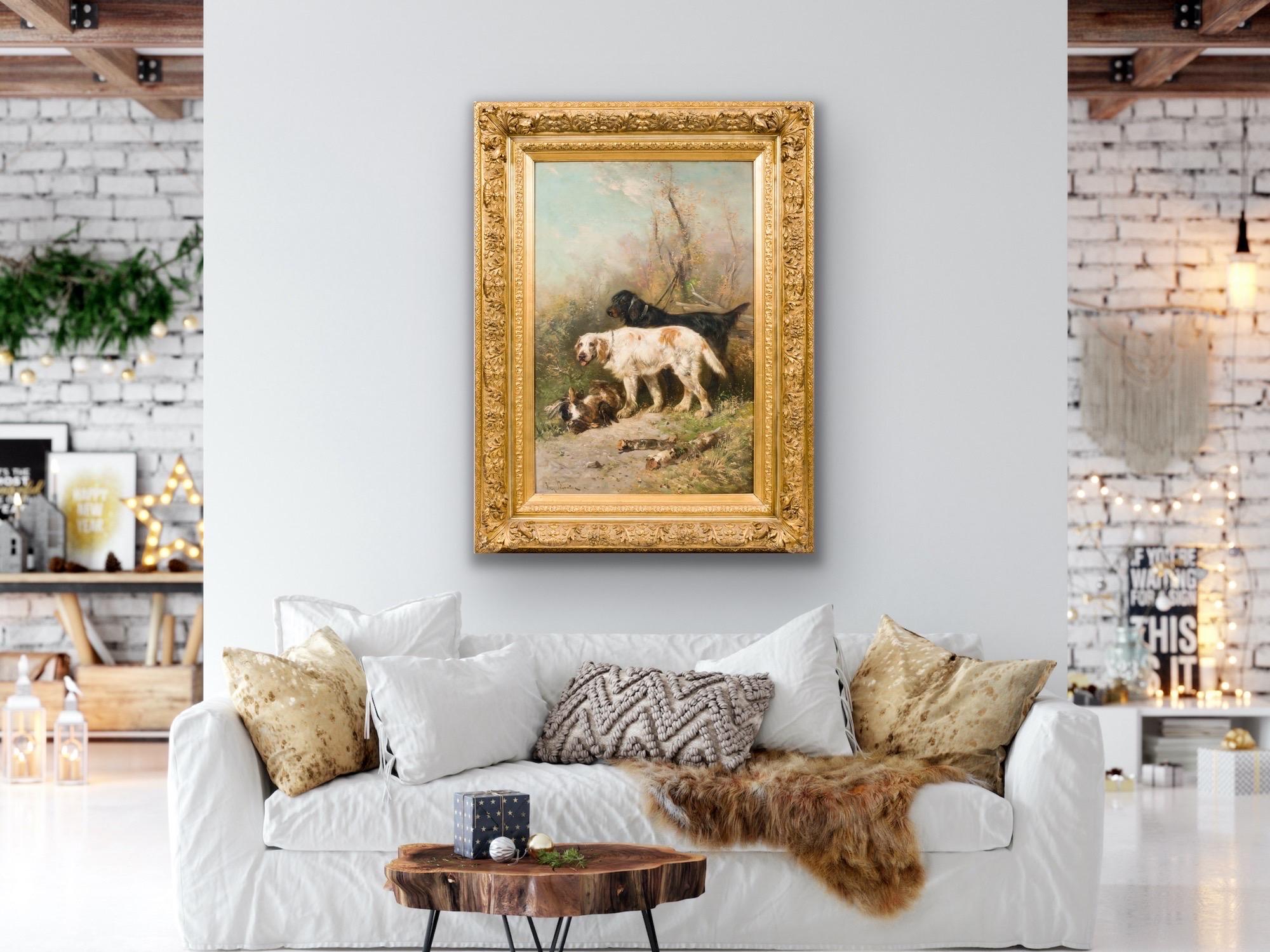 Énorme scène de chasse du 19e siècle - chiens Setter avec leur proie - chasse  - Romantique Painting par Henry Schouten