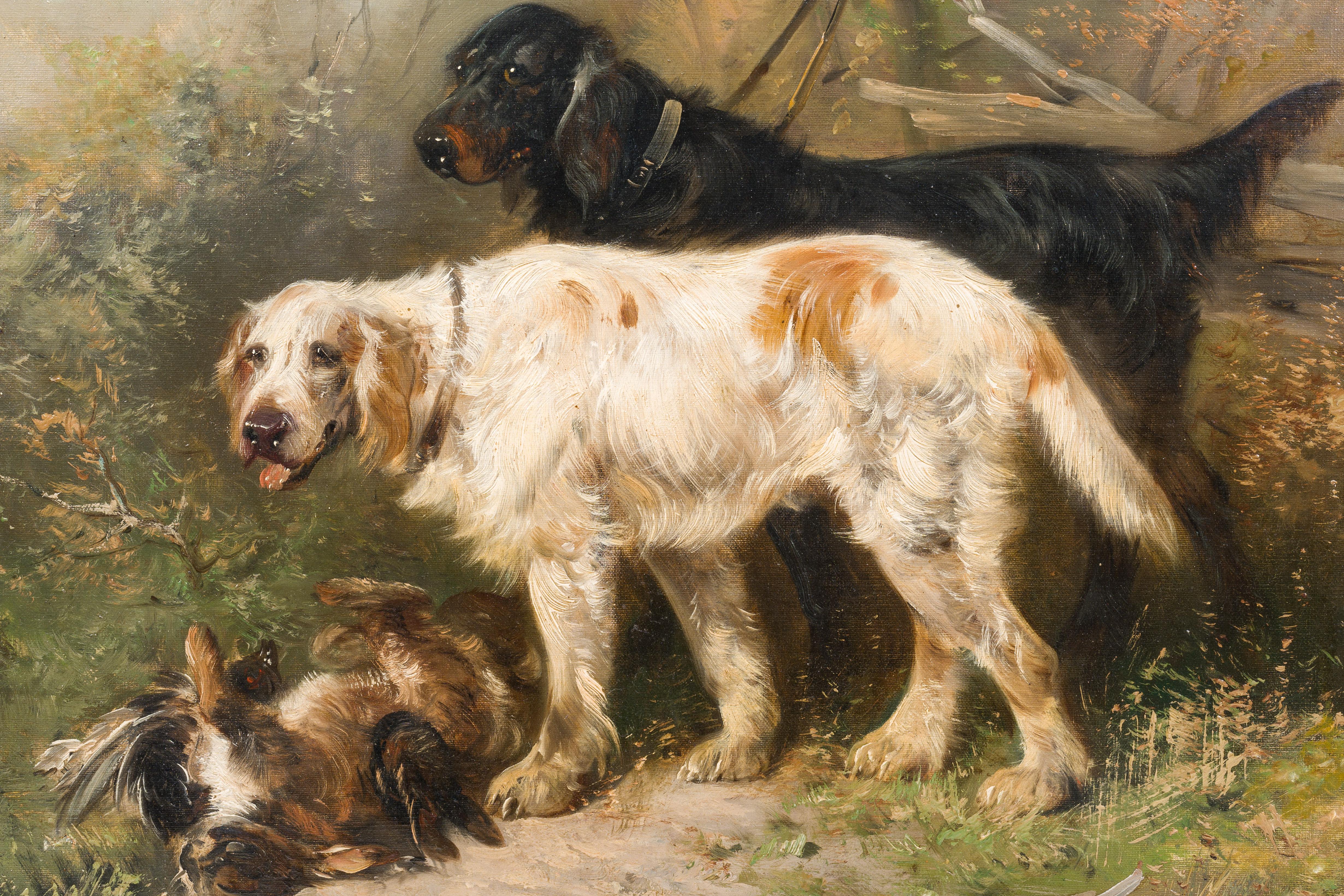 Énorme scène de chasse du 19e siècle - chiens Setter avec leur proie - chasse  en vente 1