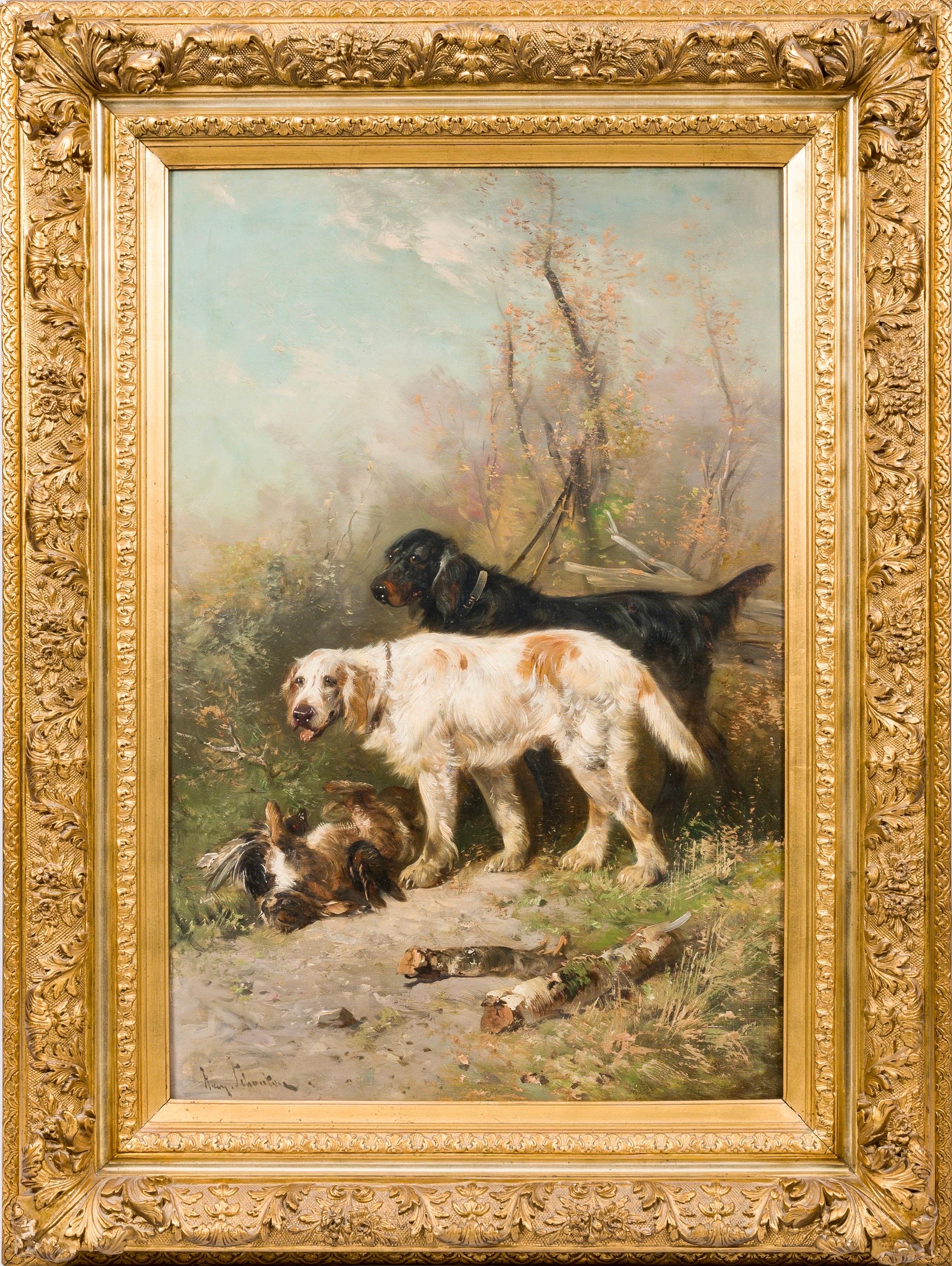 Animal Painting Henry Schouten - Énorme scène de chasse du 19e siècle - chiens Setter avec leur proie - chasse 