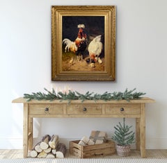 Huge 19th century romantic oil - A happy family - bird animal - Cock