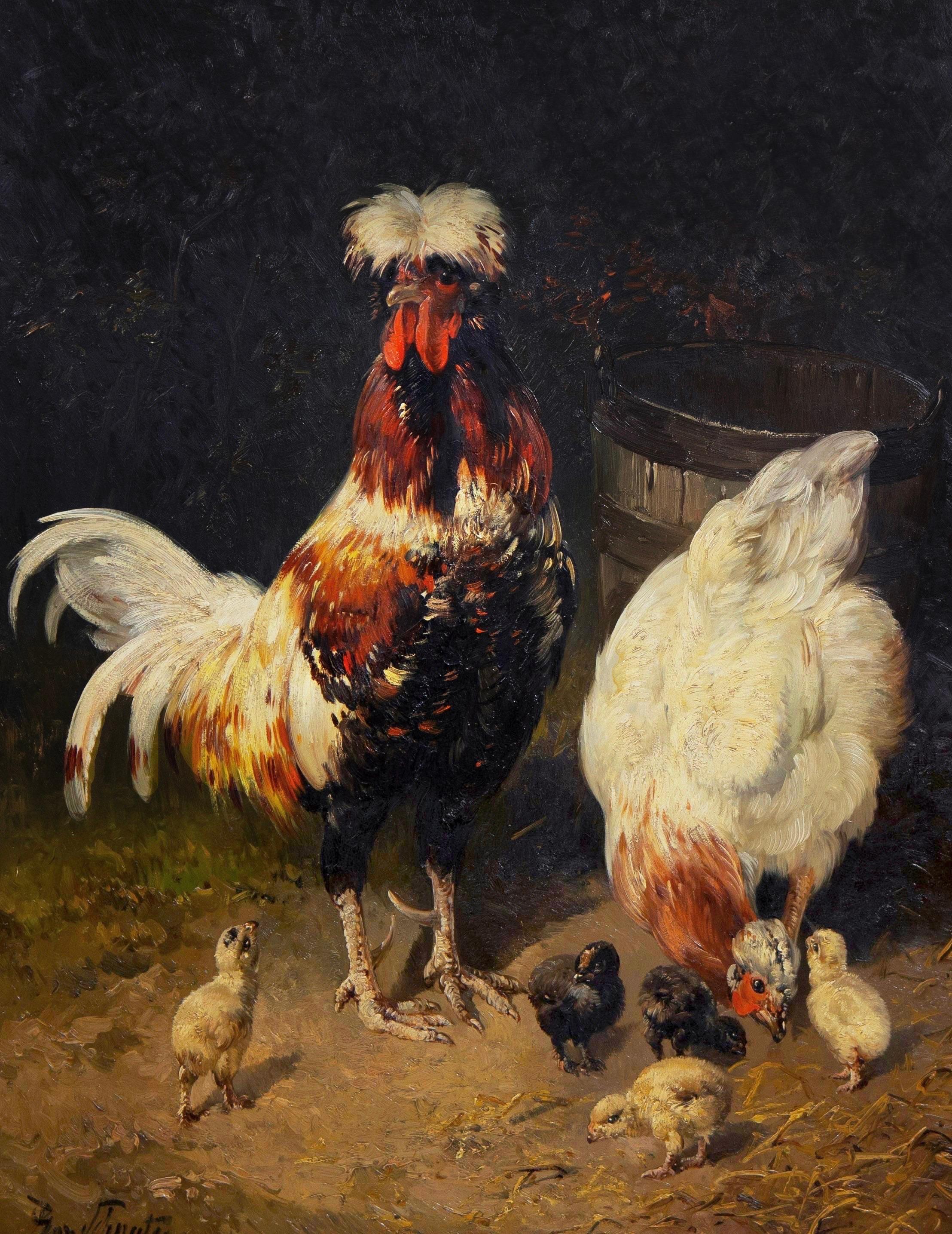 Huge 19th century romantic oil - A happy family - bird animal - Cock - Romantic Painting by Henry Schouten