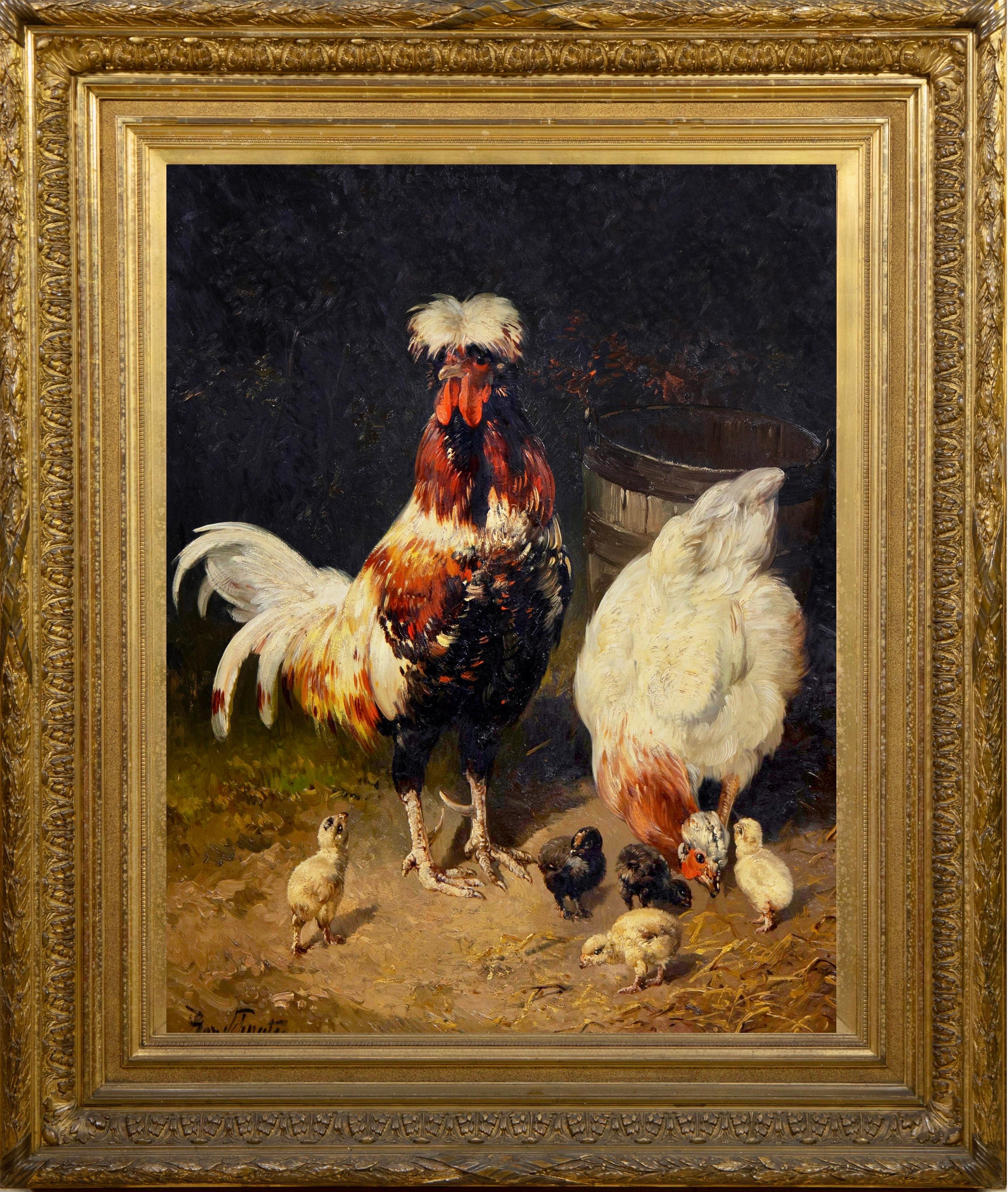 Henry Schouten Interior Painting - Huge 19th century romantic oil - A happy family - bird animal - Cock