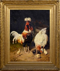 Huge 19th century romantic oil - A happy family - bird animal - Cock