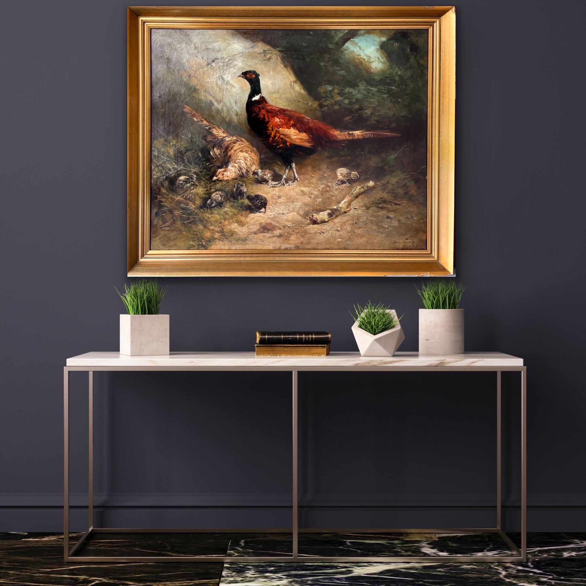 Huge 19th century romantic painting Pheasant with their chicks in a forest 5