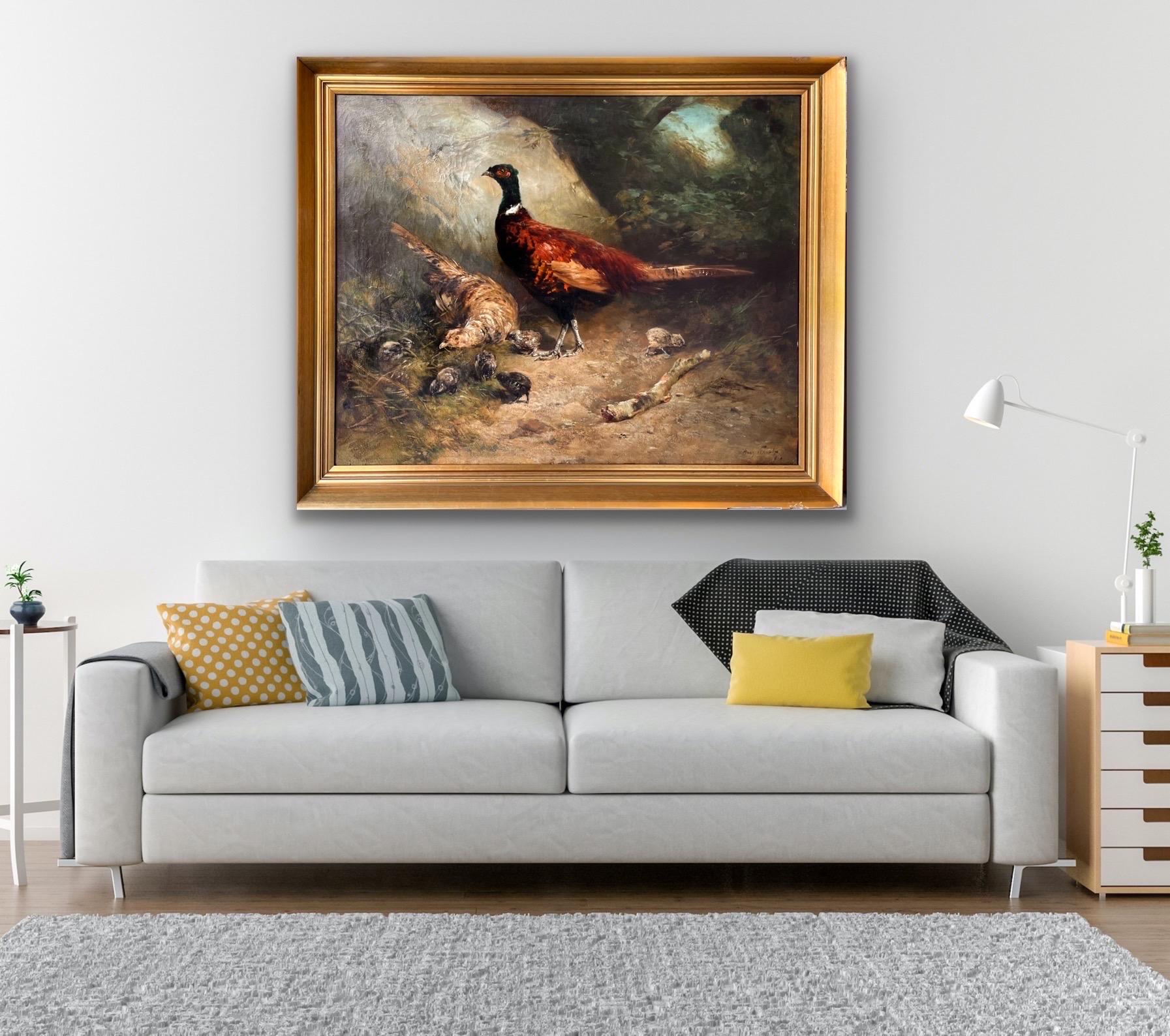 Huge 19th century romantic painting Pheasant with their chicks in a forest 6
