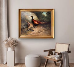 Très grande peinture romantique du 19ème siècle représentant un faisan avec ses coqs dans une forêt