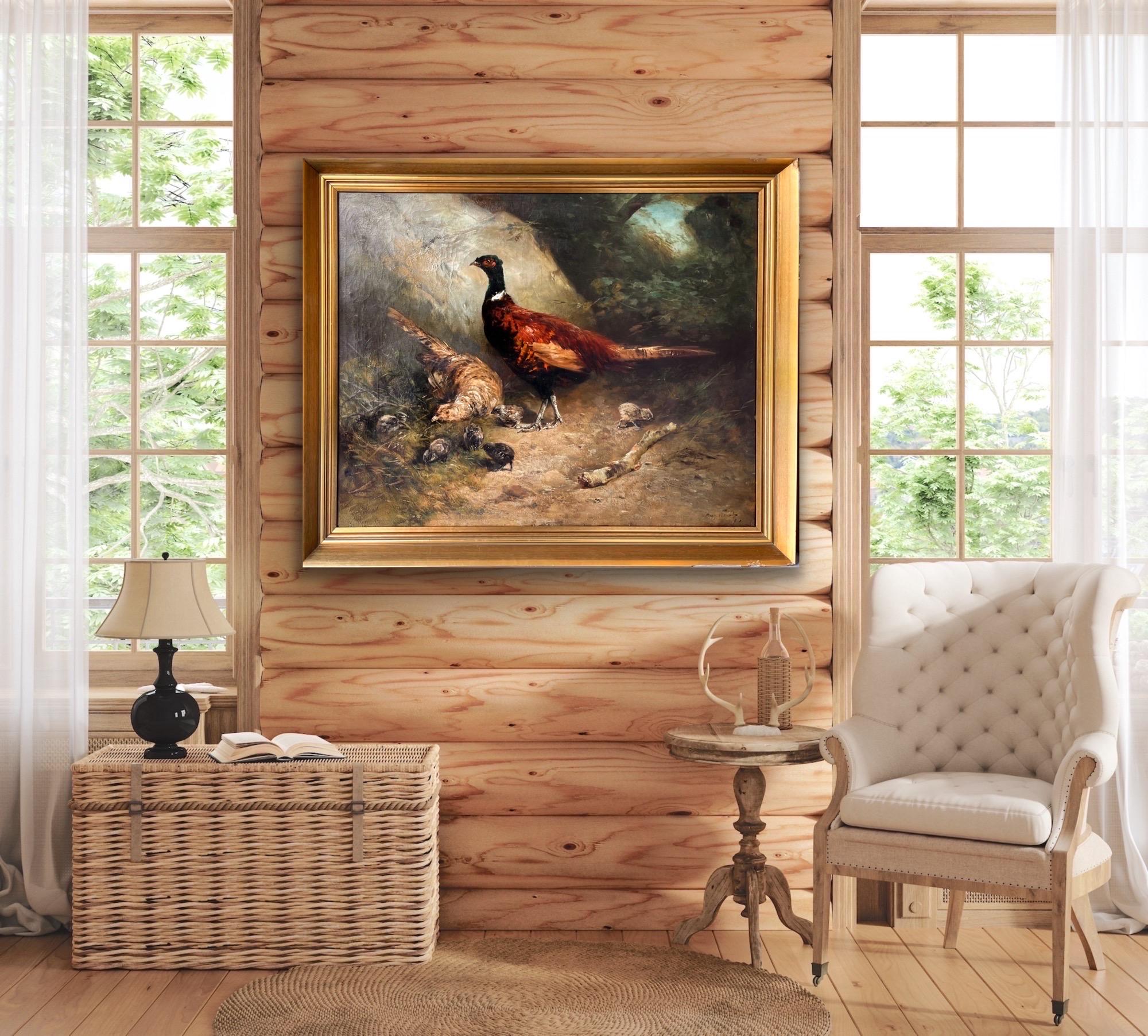 Huge 19th century romantic painting Pheasant with their chicks in a forest 4